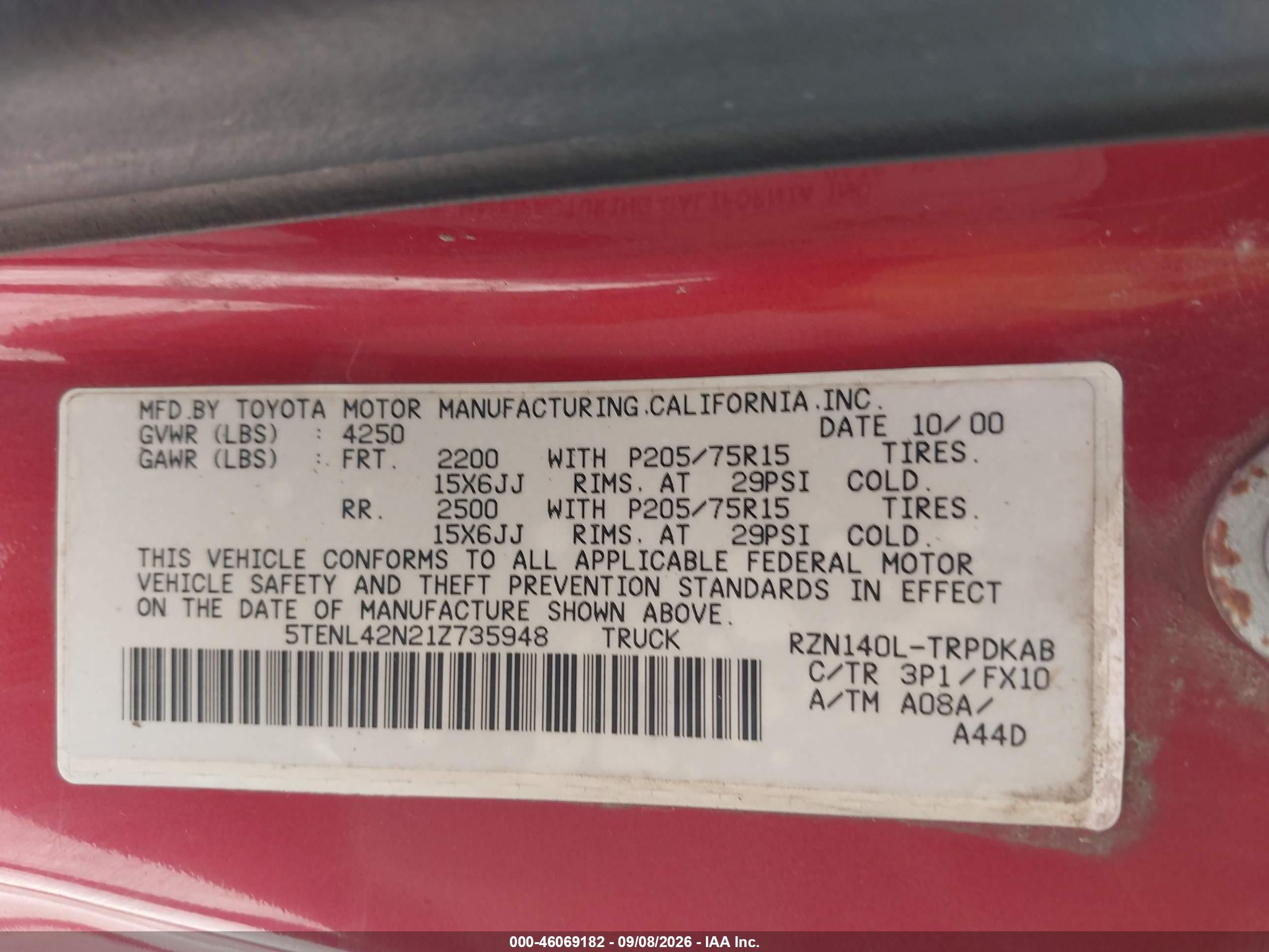 2001 Toyota Tacoma   Red vin: 5TENL42N21Z735948