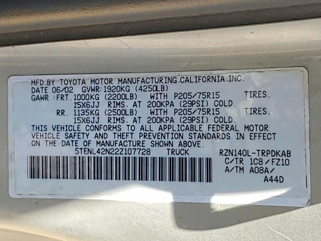 2002 Toyota Tacoma Base Silver vin: 5TENL42N22Z107728