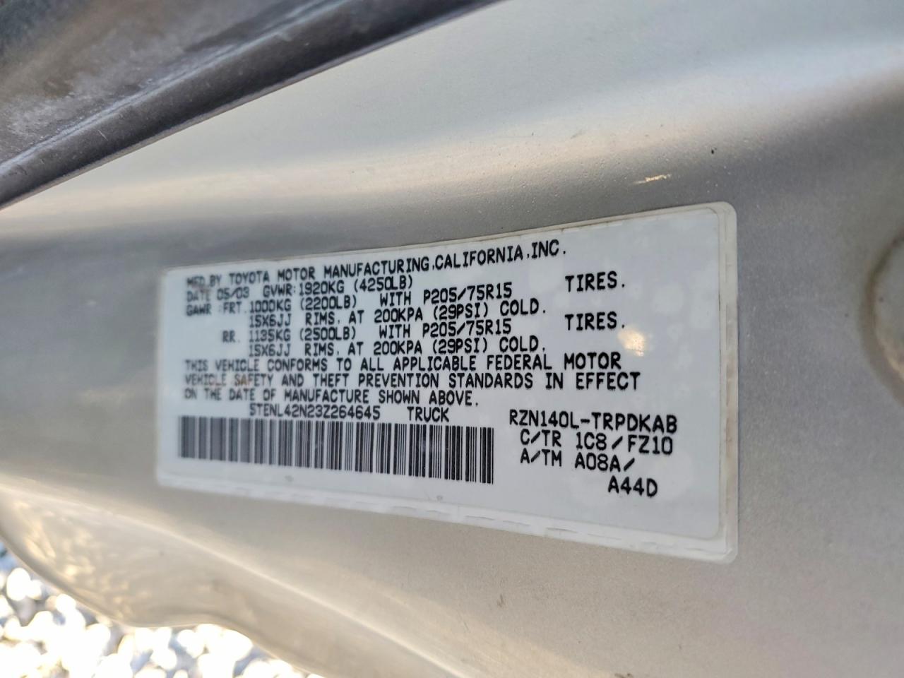 2003 Toyota Tacoma Base Золотой vin: 5TENL42N23Z264645