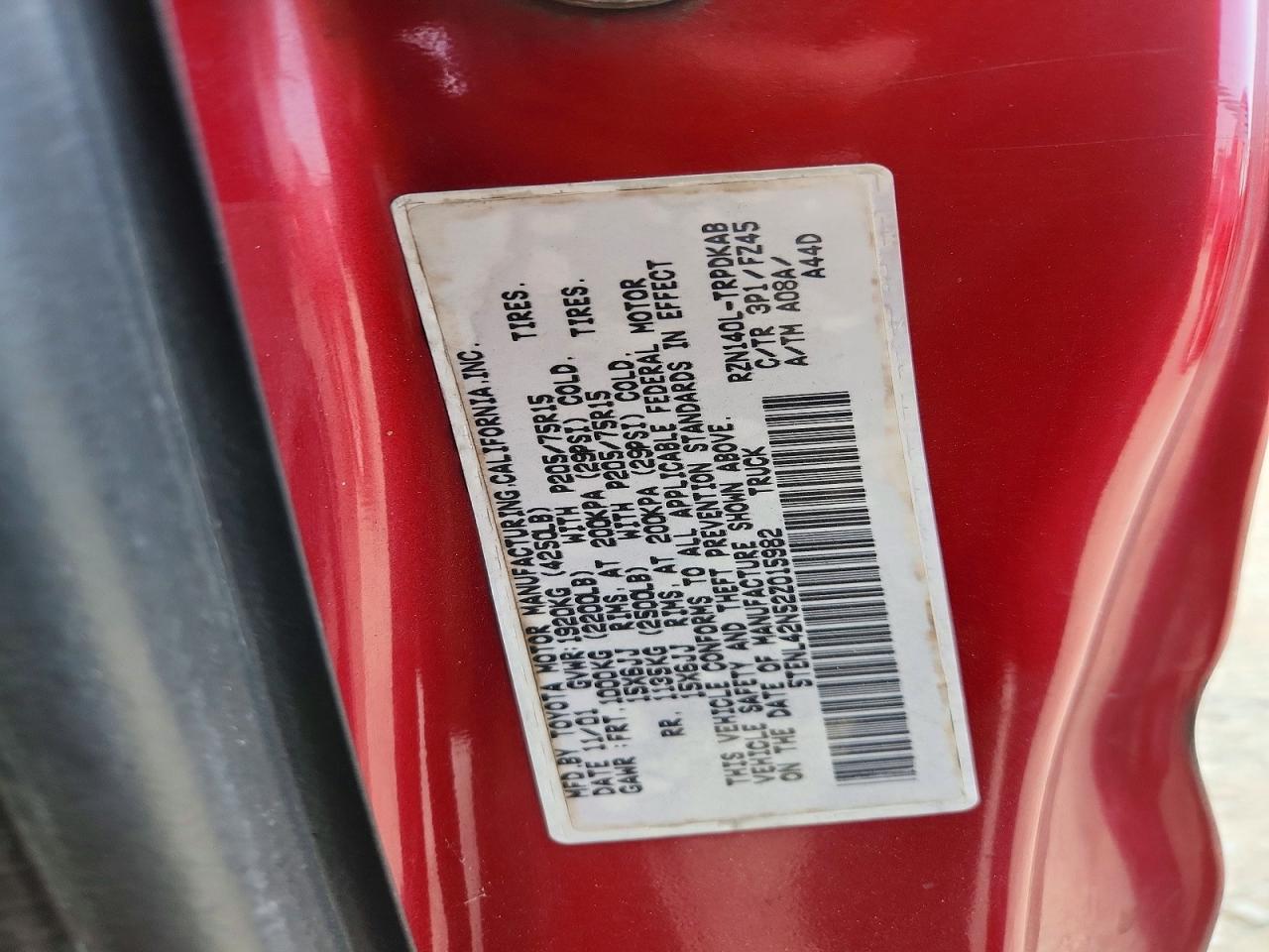 2002 Toyota Tacoma Base Red vin: 5TENL42N52Z015982