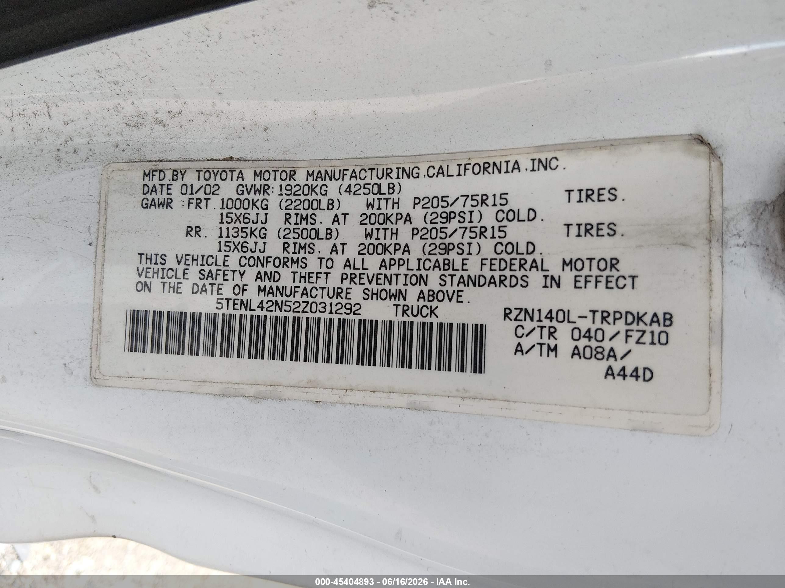 2002 Toyota Tacoma   White vin: 5TENL42N52Z031292