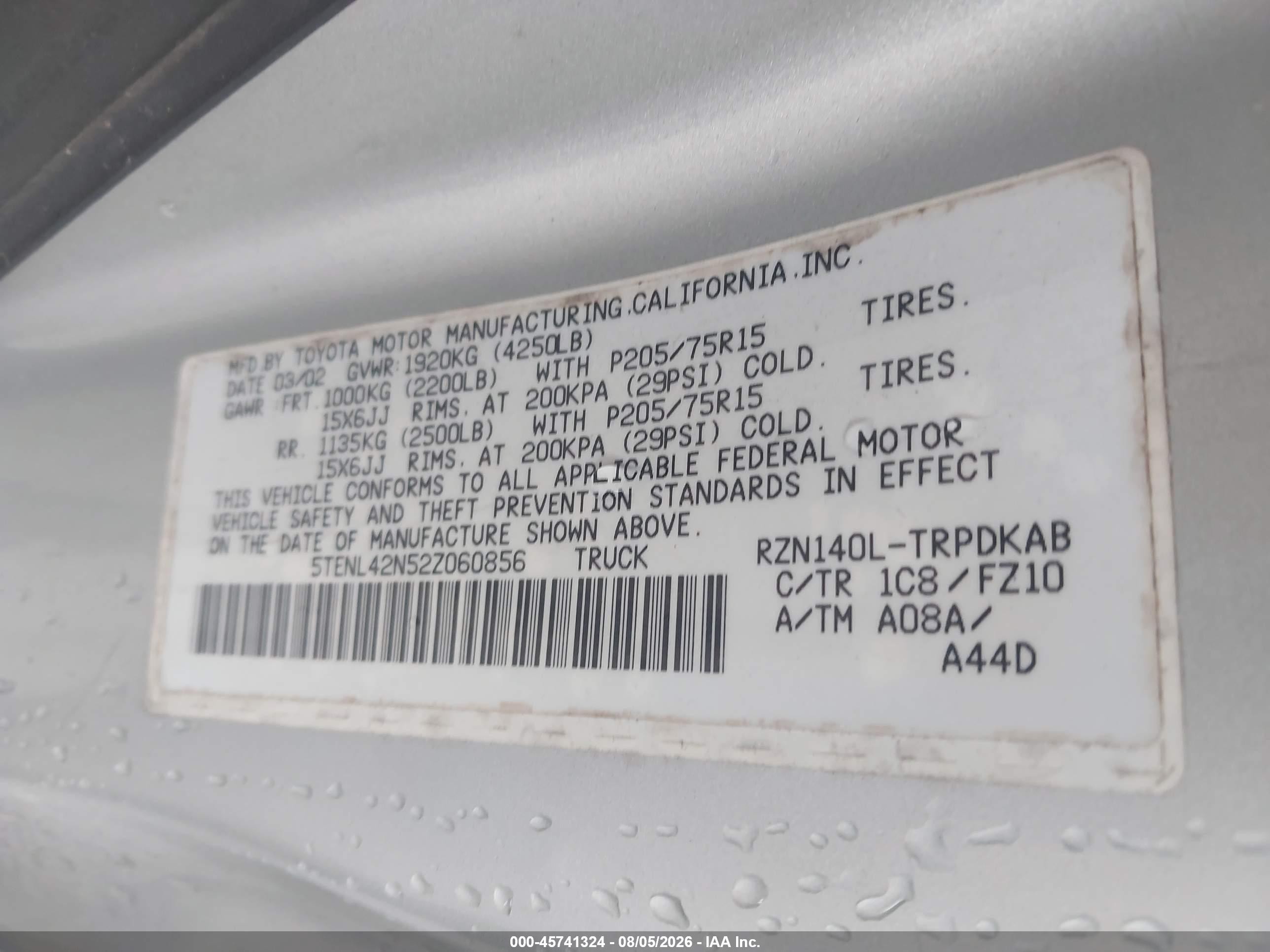 2002 Toyota Tacoma   Gold vin: 5TENL42N52Z060856