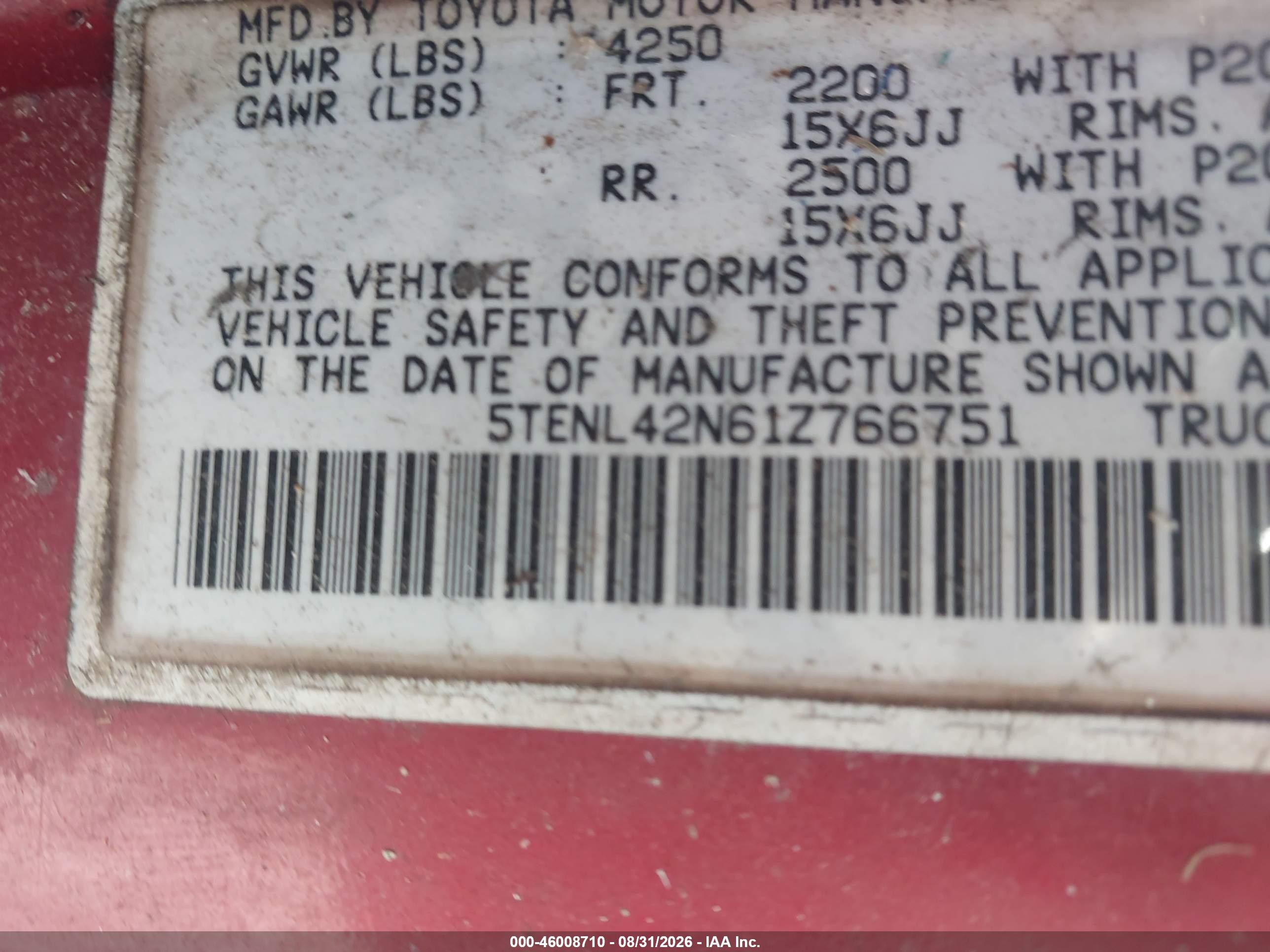 2001 Toyota Tacoma   Red vin: 5TENL42N61Z766751