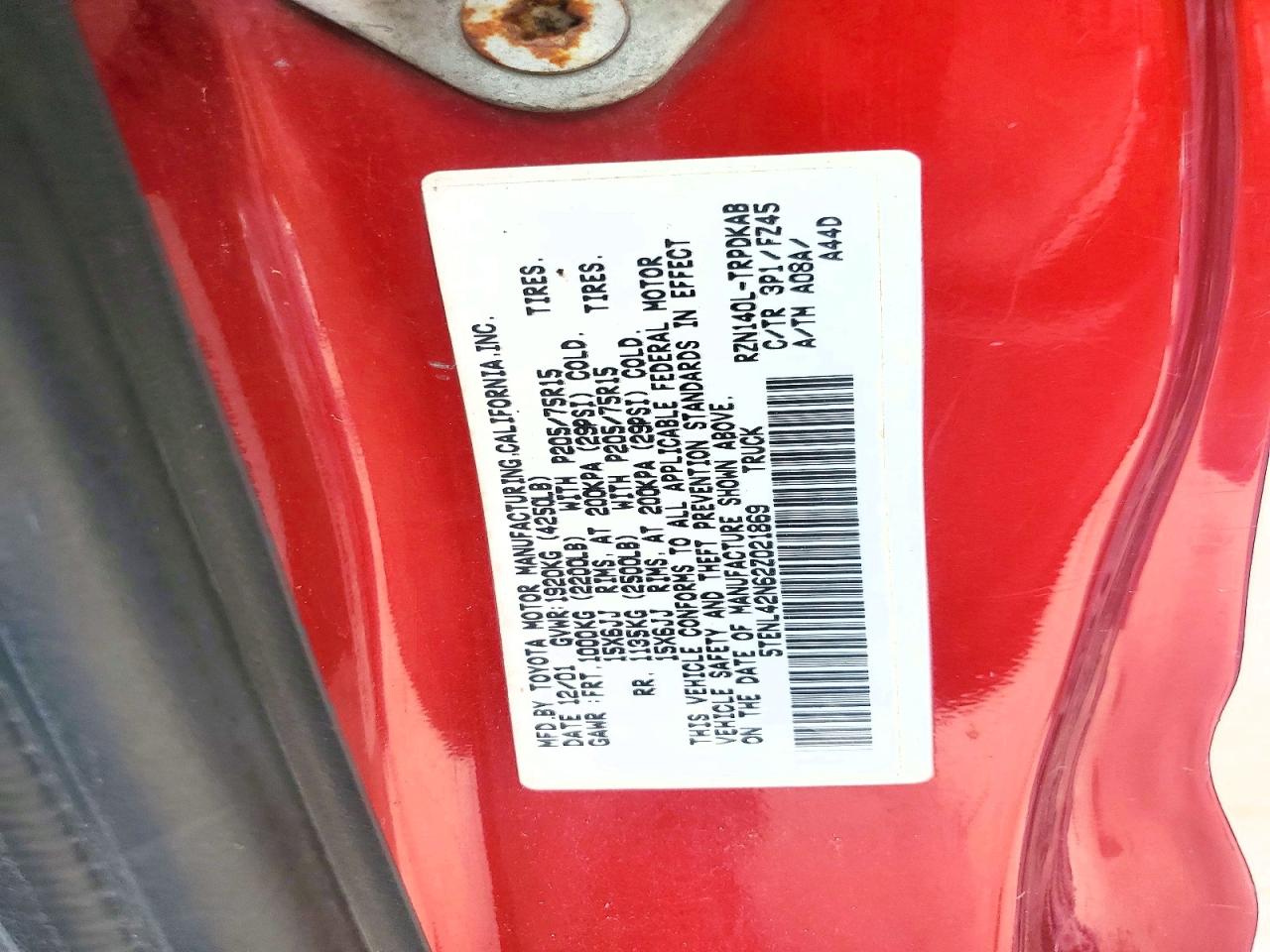 2002 Toyota Tacoma Base Red vin: 5TENL42N62Z021869