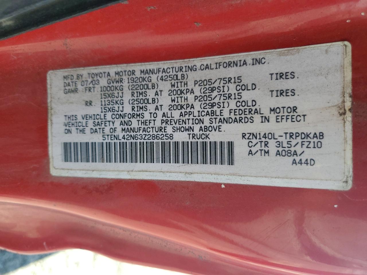 2003 Toyota Tacoma Base Red vin: 5TENL42N63Z286258