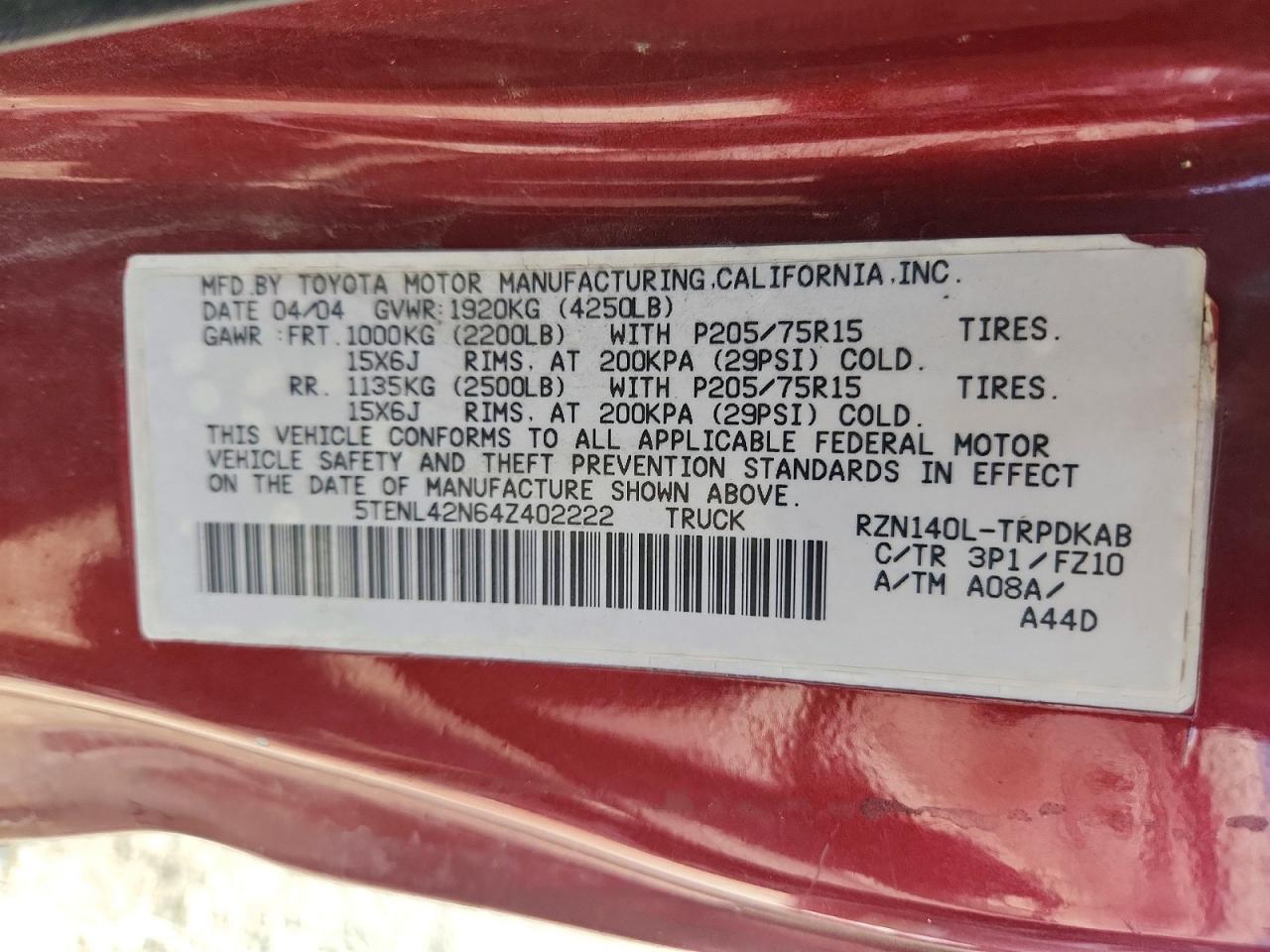 2004 Toyota Tacoma Base Red vin: 5TENL42N64Z402222