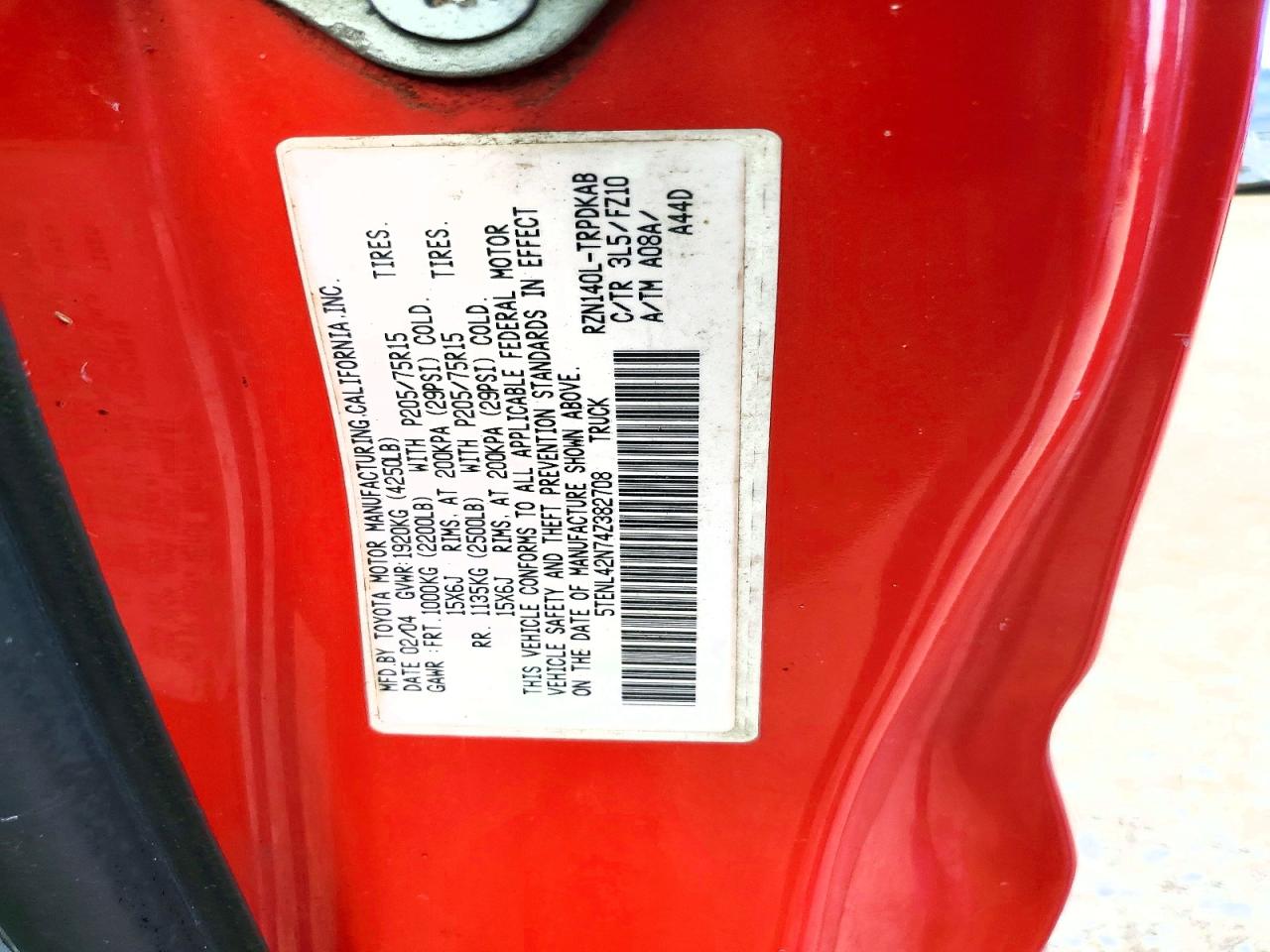 2004 Toyota Tacoma Base Red vin: 5TENL42N74Z382708