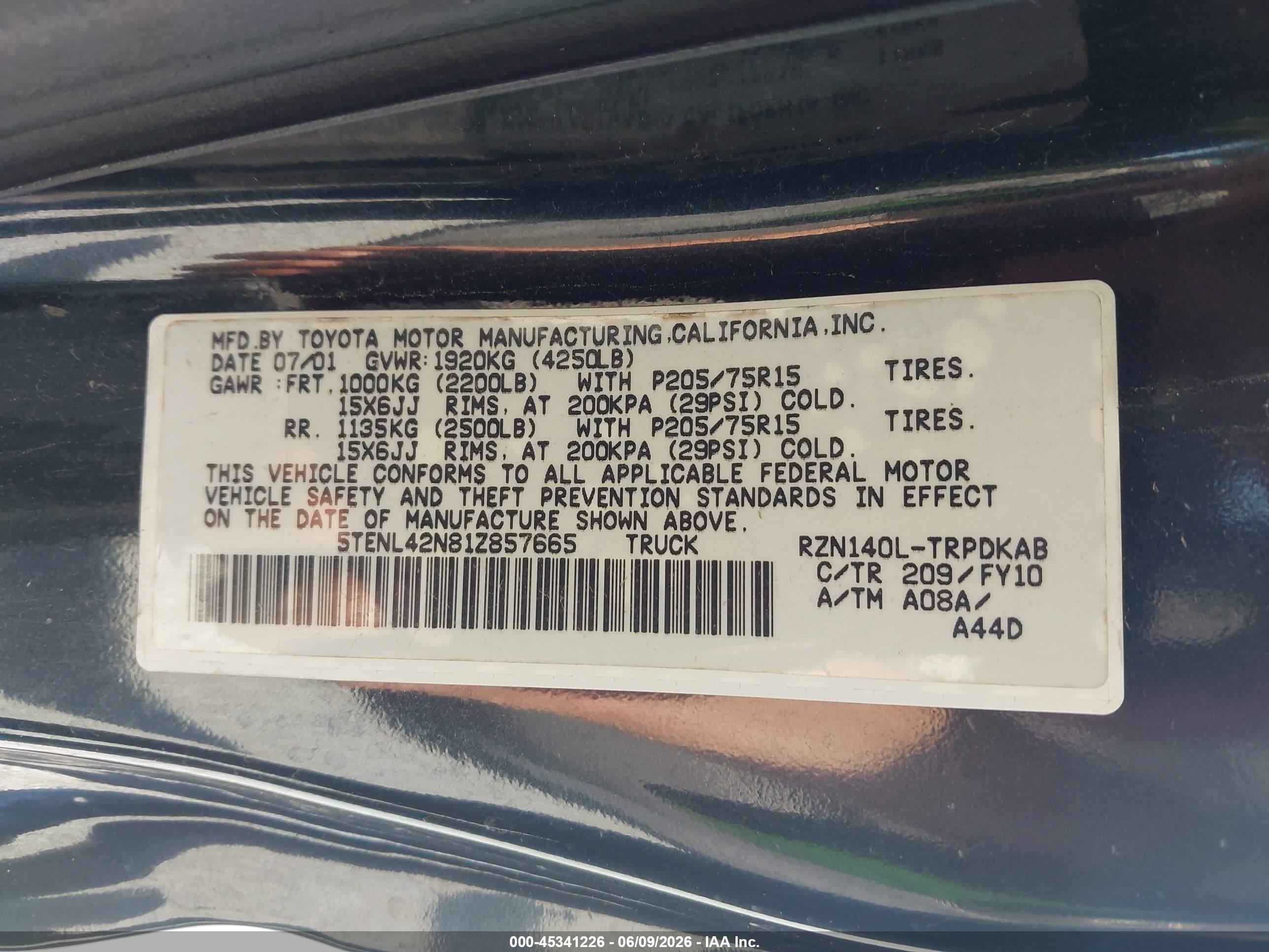 2001 Toyota Tacoma   Черный vin: 5TENL42N81Z857665