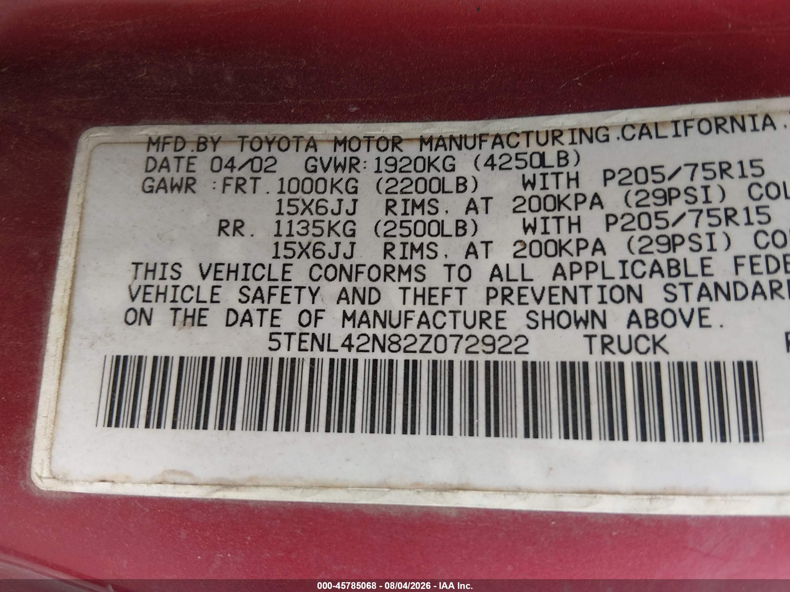 2002 Toyota Tacoma   Maroon vin: 5TENL42N82Z072922