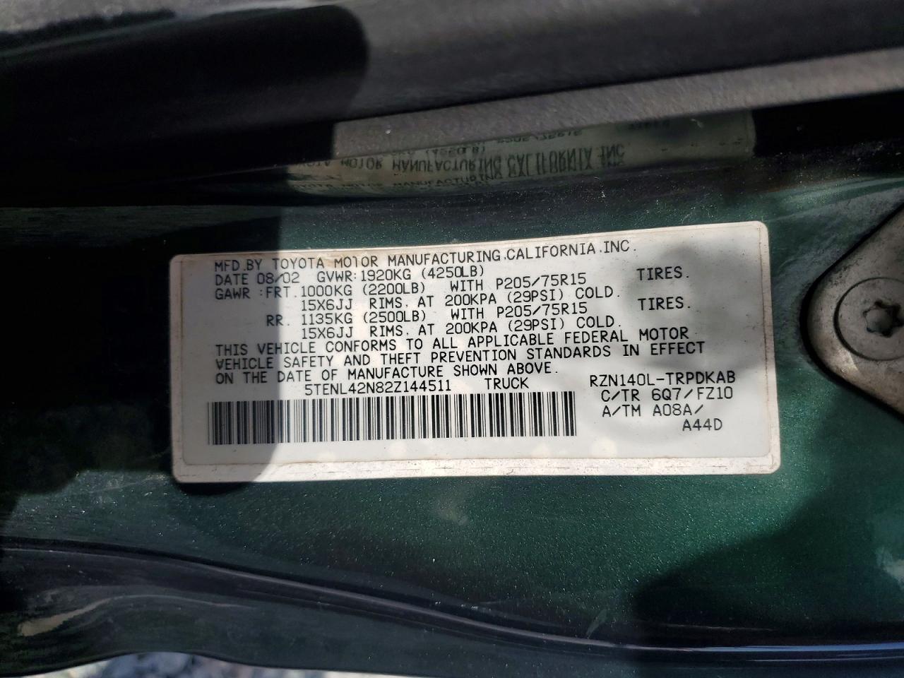 2002 Toyota Tacoma Green vin: 5TENL42N82Z144511