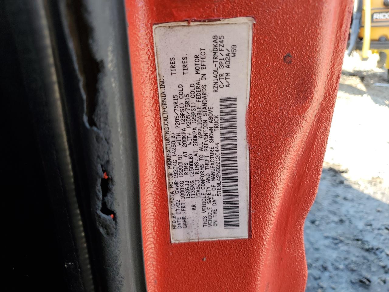 2002 Toyota Tacoma Red vin: 5TENL42N92Z120444