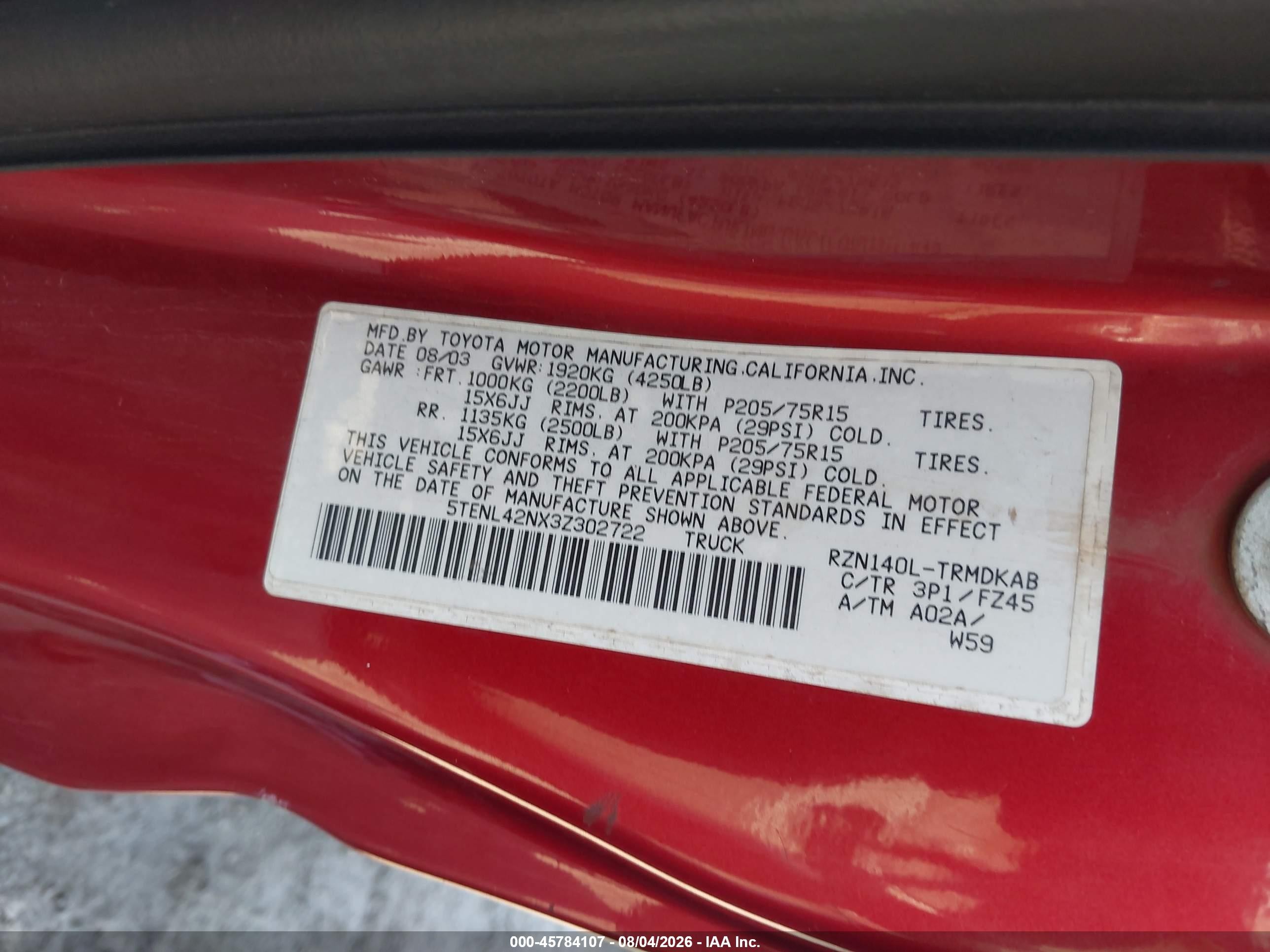 2003 Toyota Tacoma   Red vin: 5TENL42NX3Z302722