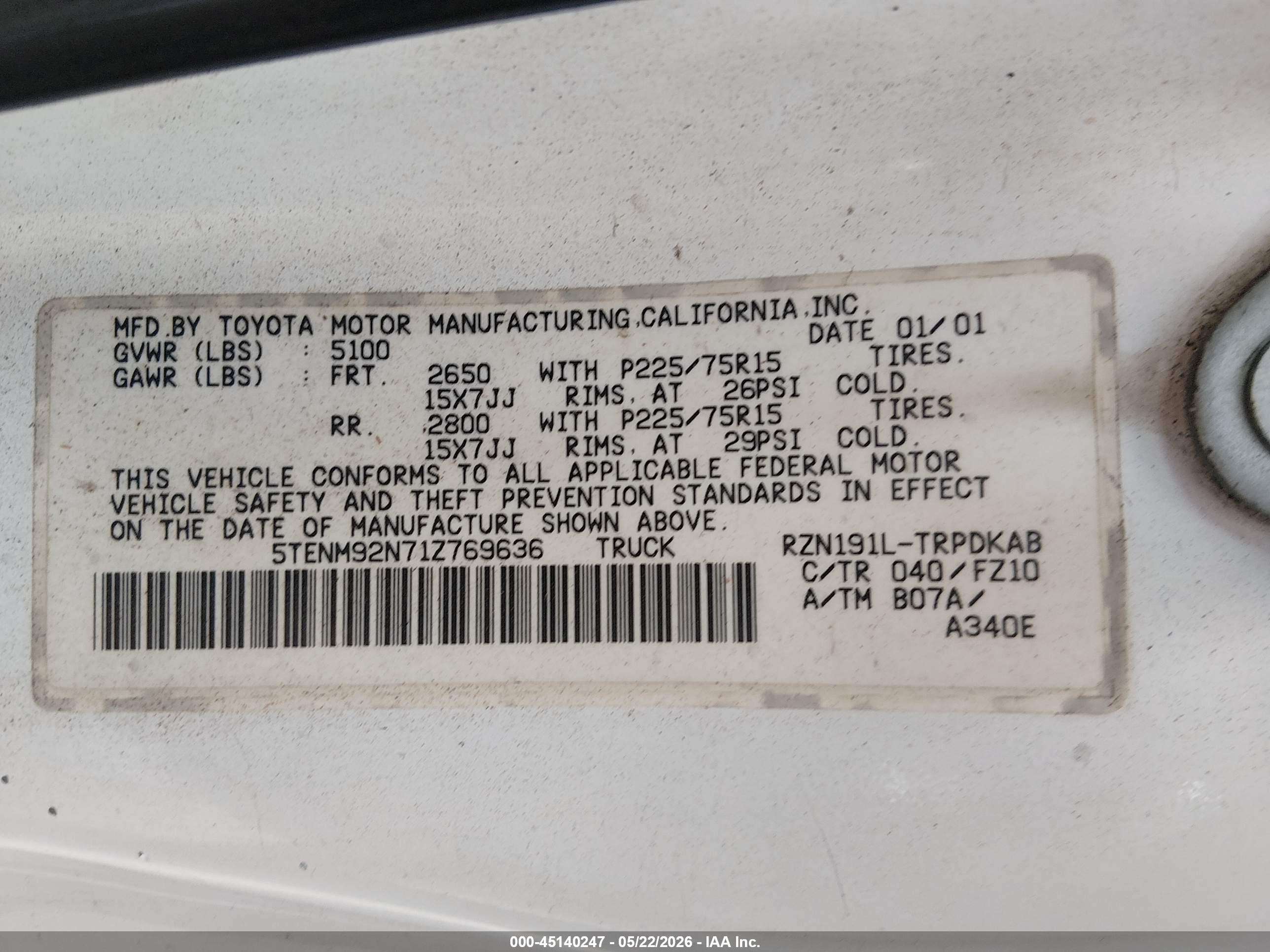 2001 Toyota Tacoma Prerunner White vin: 5TENM92N71Z769636