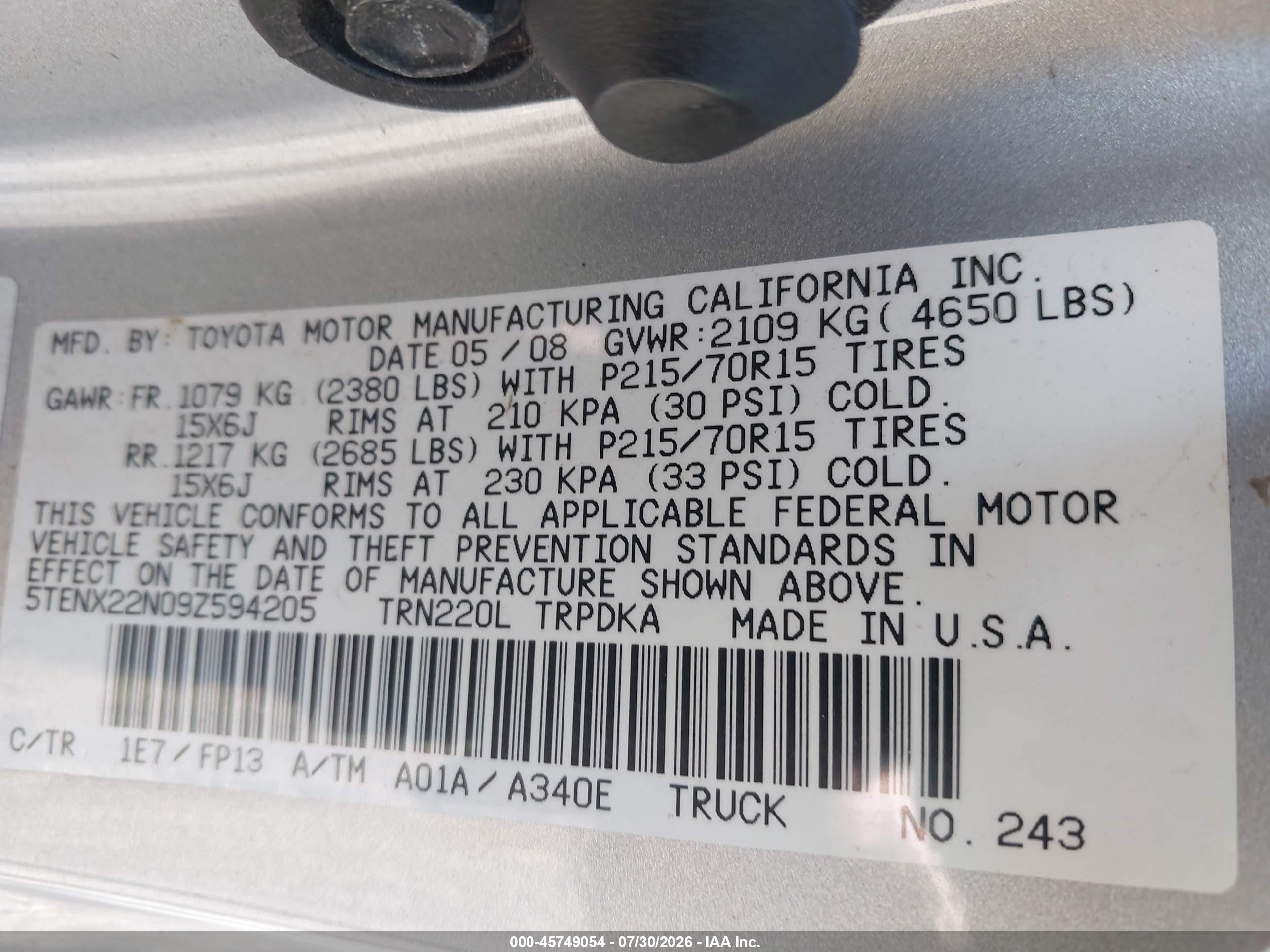 2009 Toyota Tacoma   Silver vin: 5TENX22N09Z594205