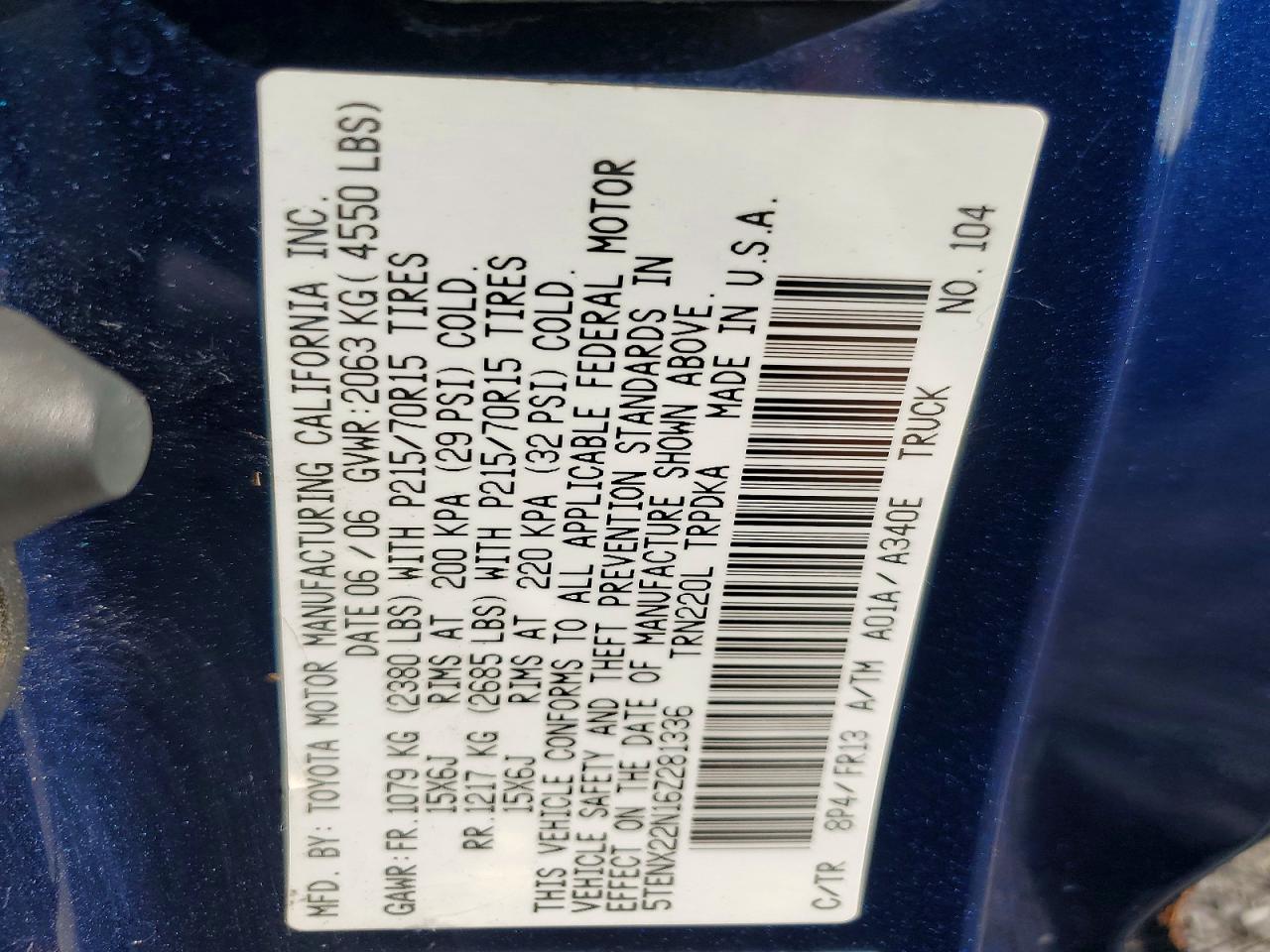 2006 Toyota Tacoma Base Blue vin: 5TENX22N16Z281336
