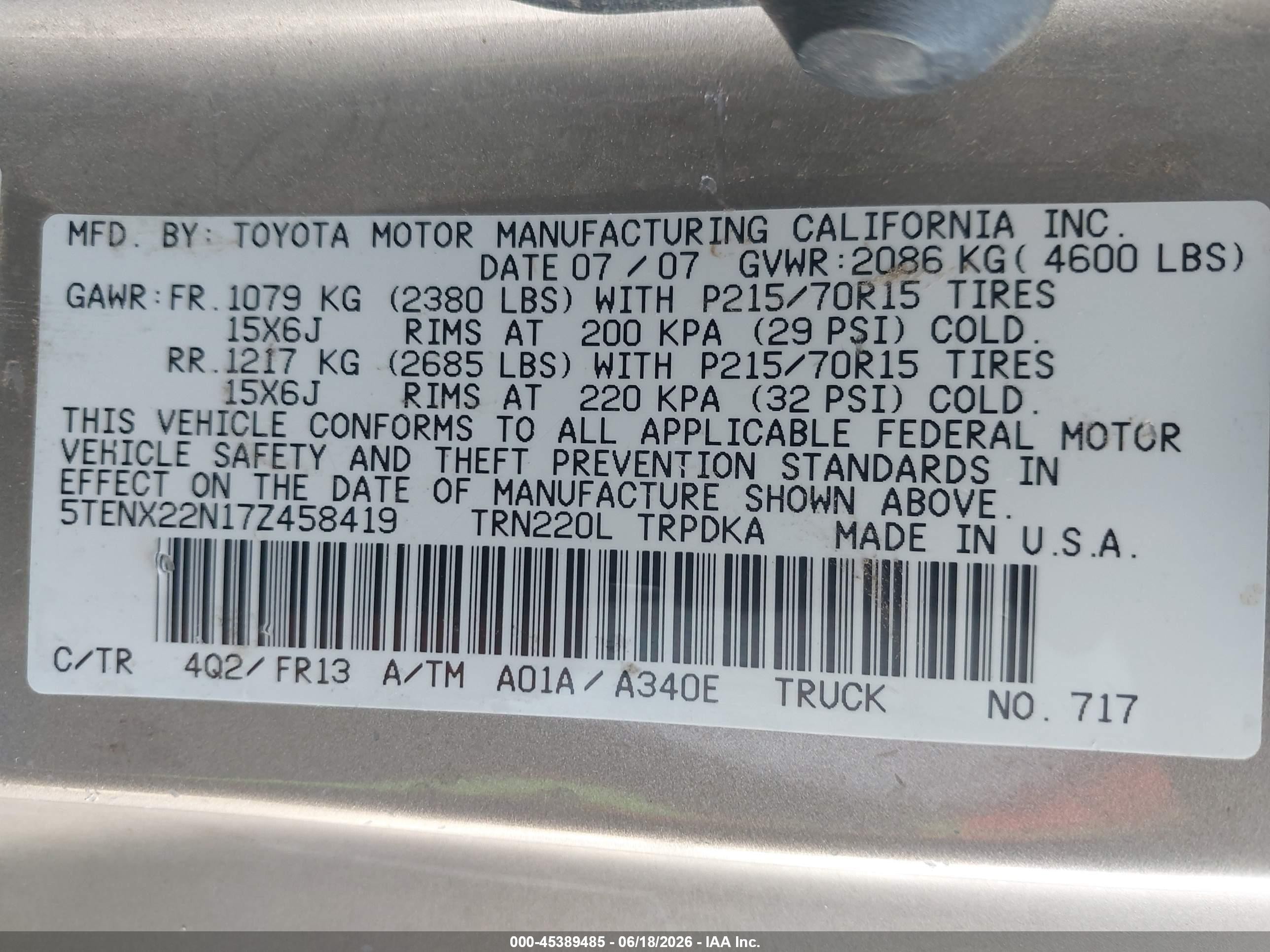 2007 Toyota Tacoma   Brown vin: 5TENX22N17Z458419