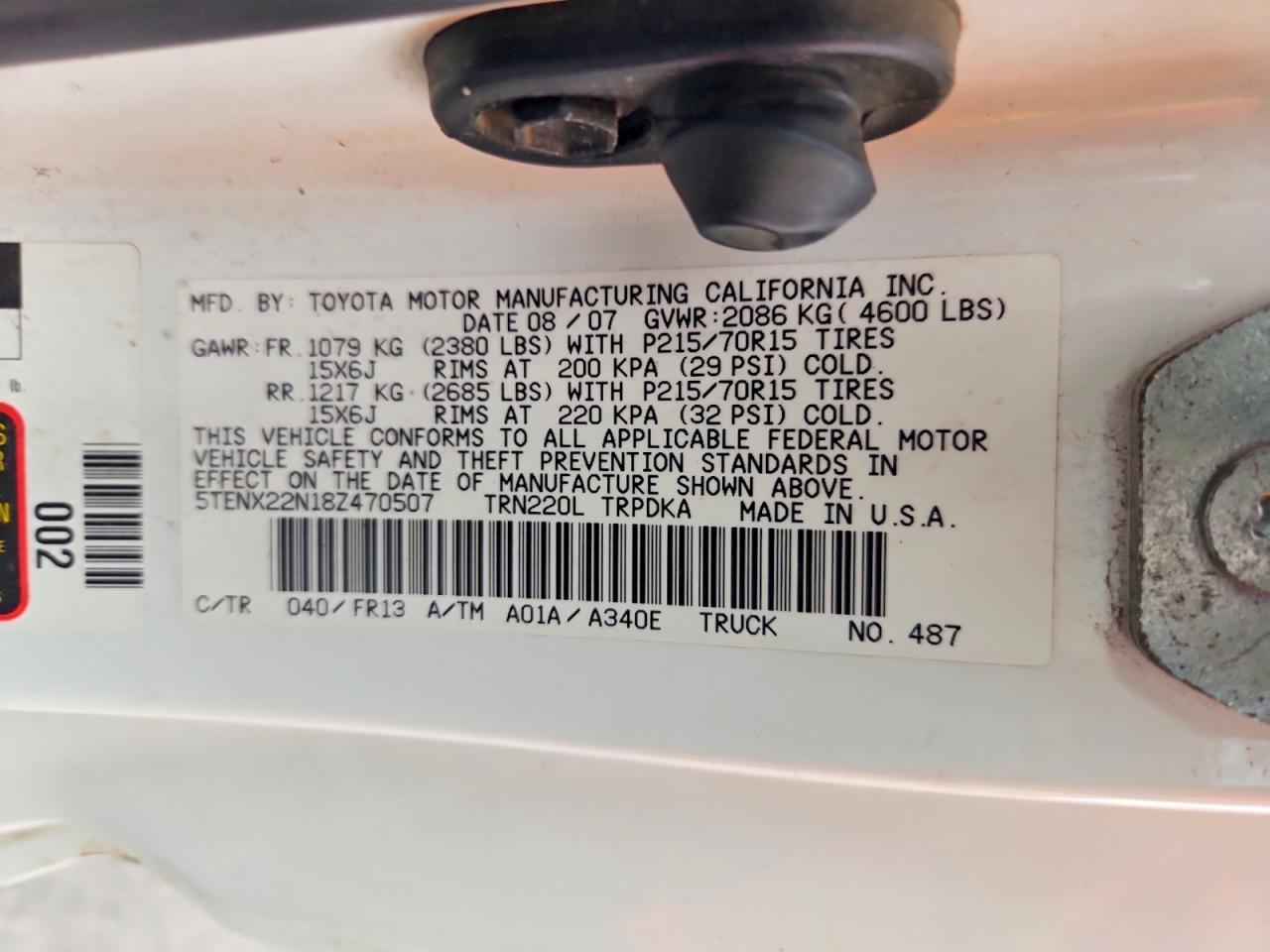 2008 Toyota Tacoma Base White vin: 5TENX22N18Z470507