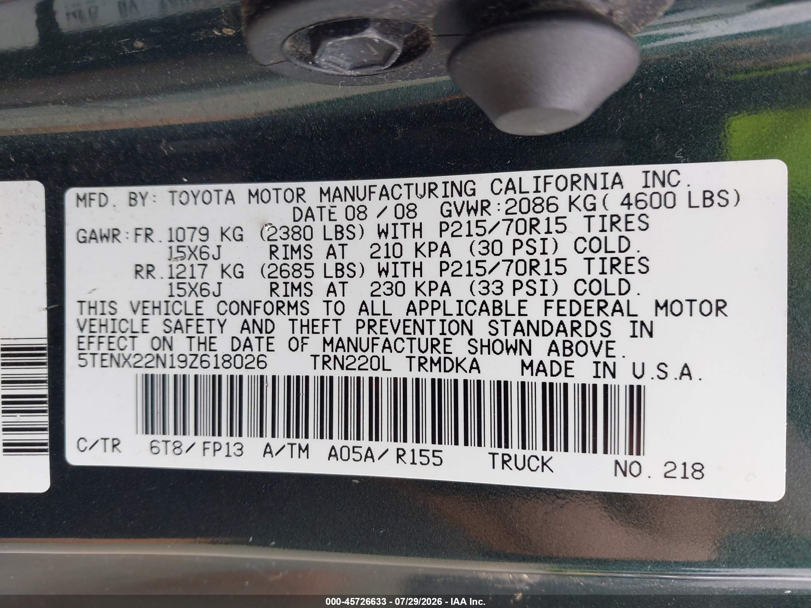 2009 Toyota Tacoma   Black vin: 5TENX22N19Z618026
