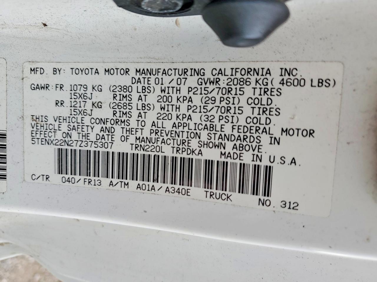 2007 Toyota Tacoma Base White vin: 5TENX22N27Z375307