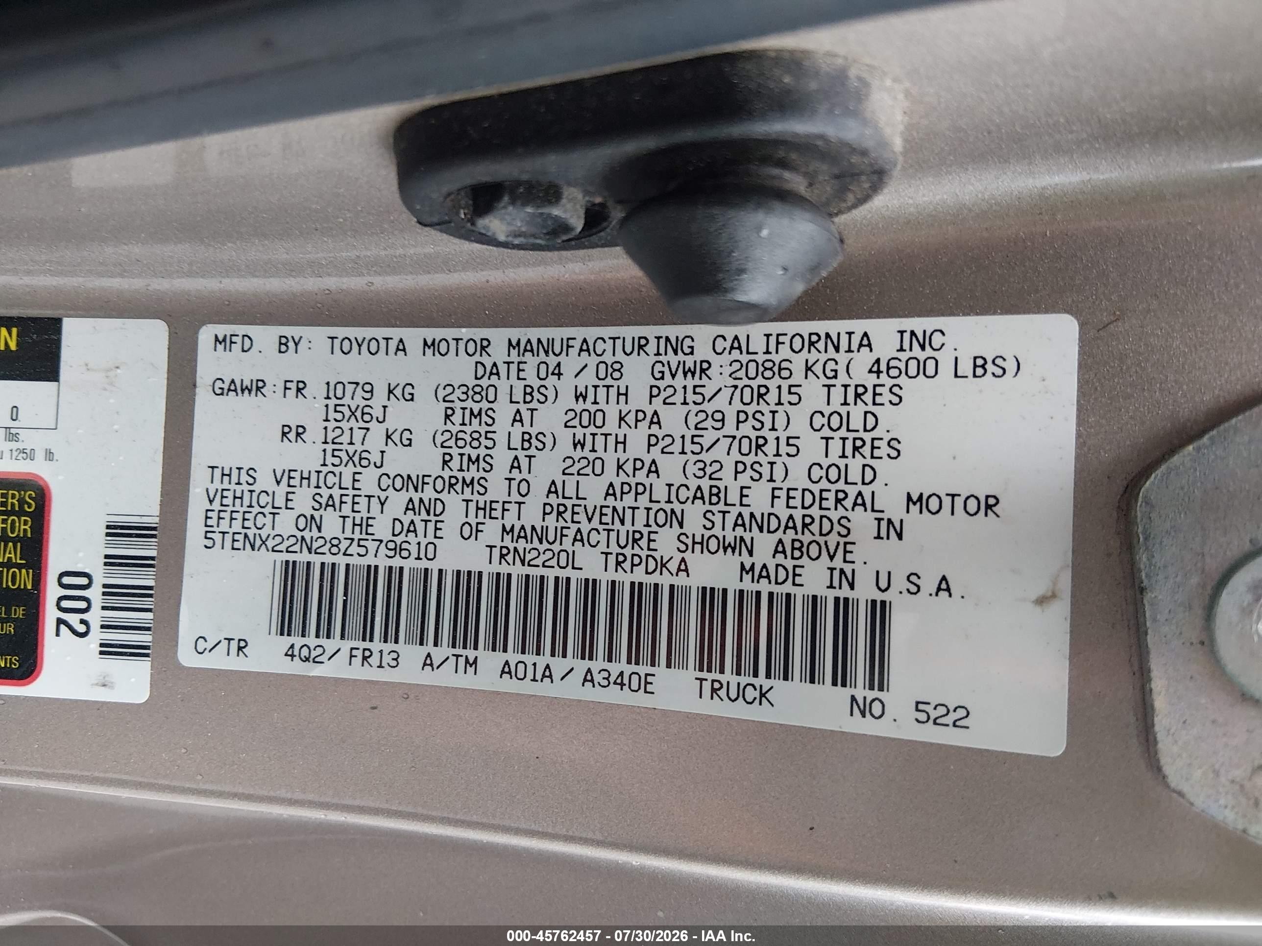 2008 Toyota Tacoma Tan vin: 5TENX22N28Z579610