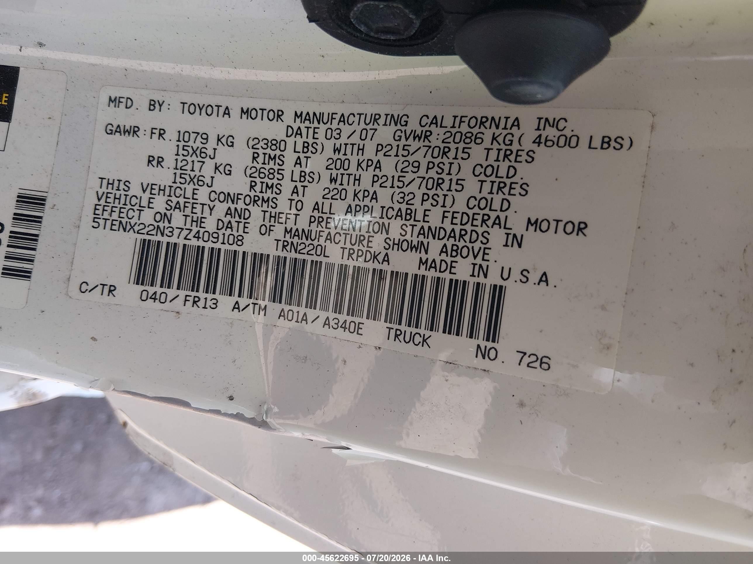 2007 Toyota Tacoma   White vin: 5TENX22N37Z409108