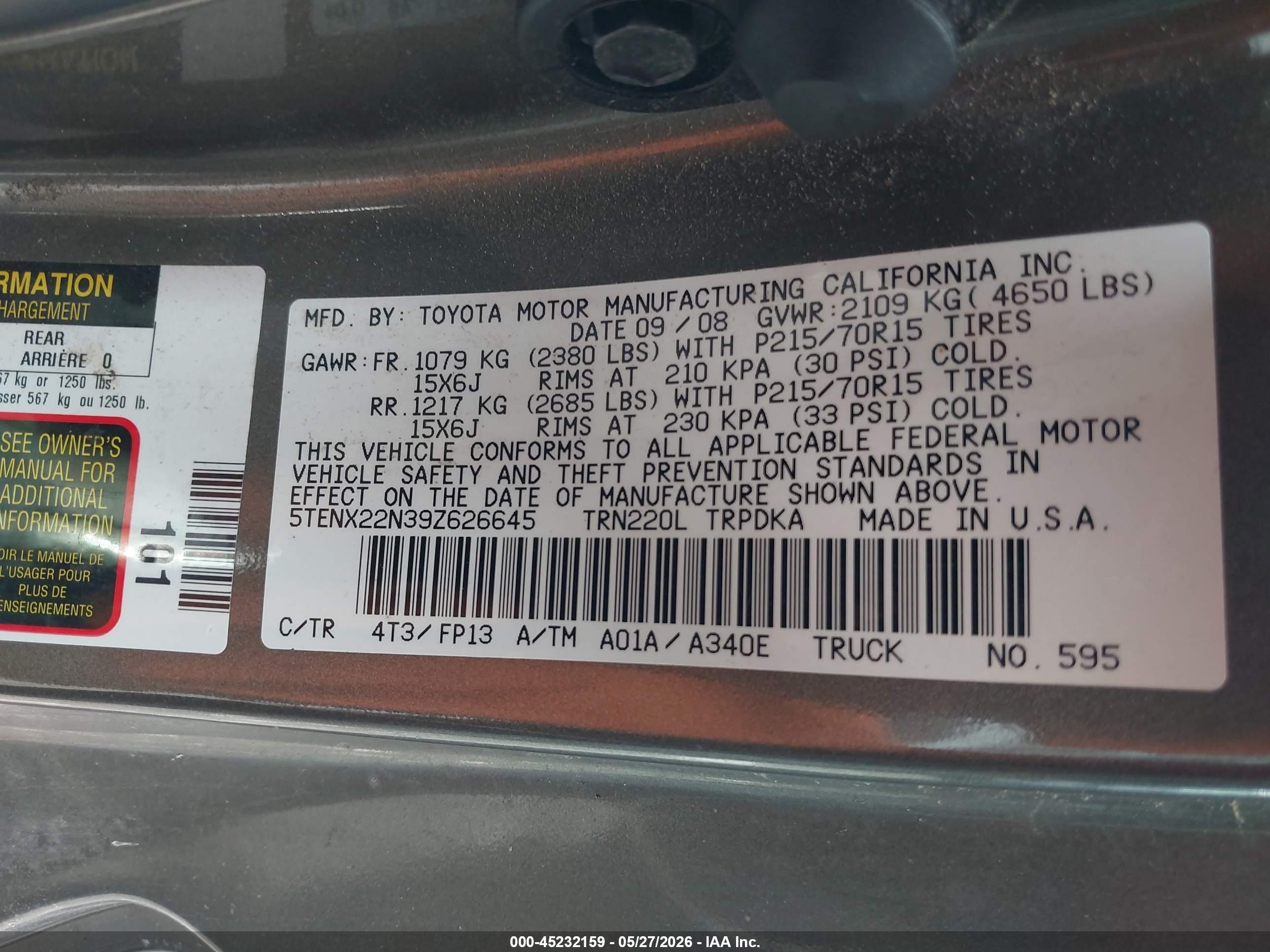 2009 Toyota Tacoma   Green vin: 5TENX22N39Z626645