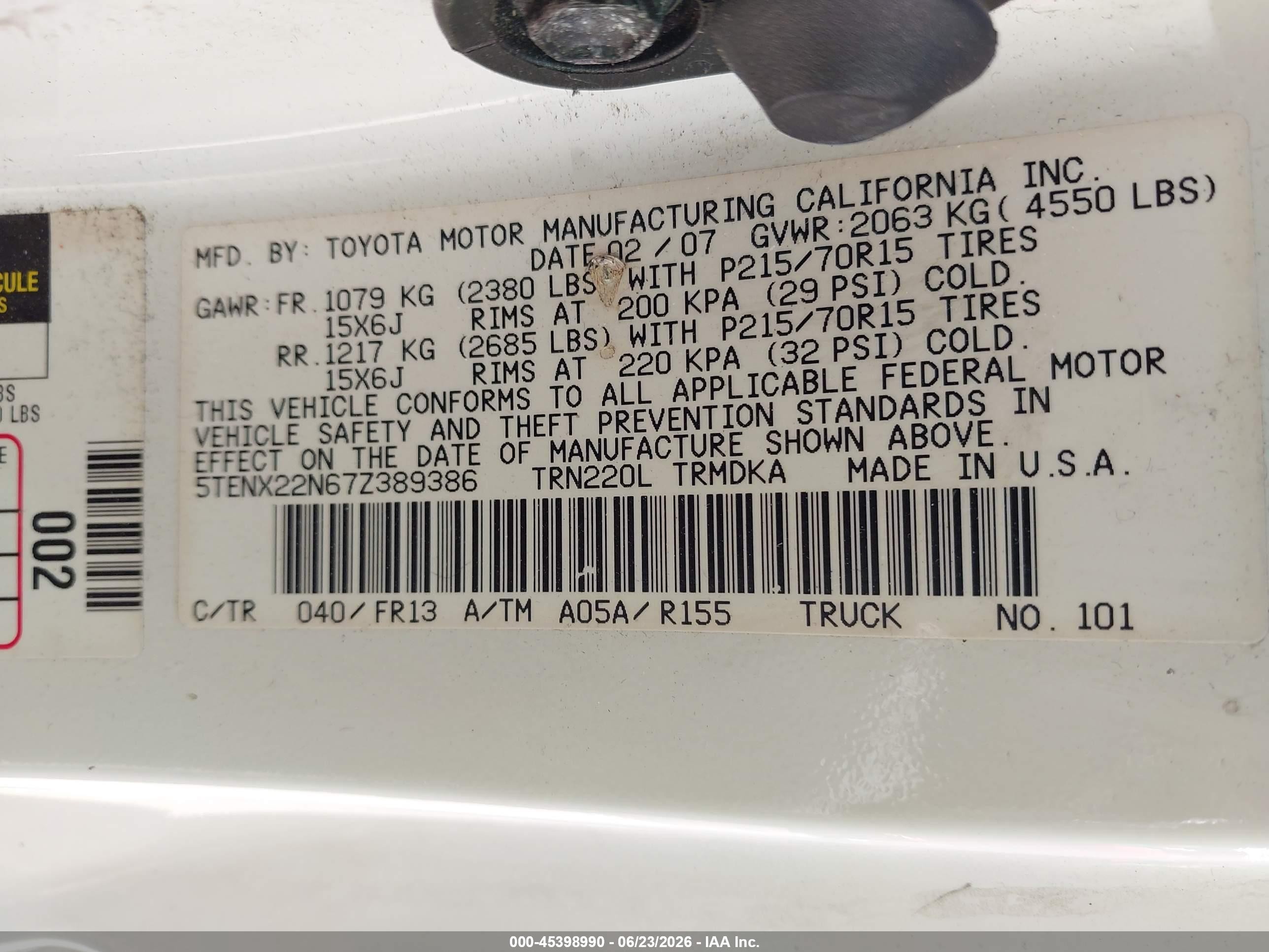 2007 Toyota Tacoma   White vin: 5TENX22N67Z389386
