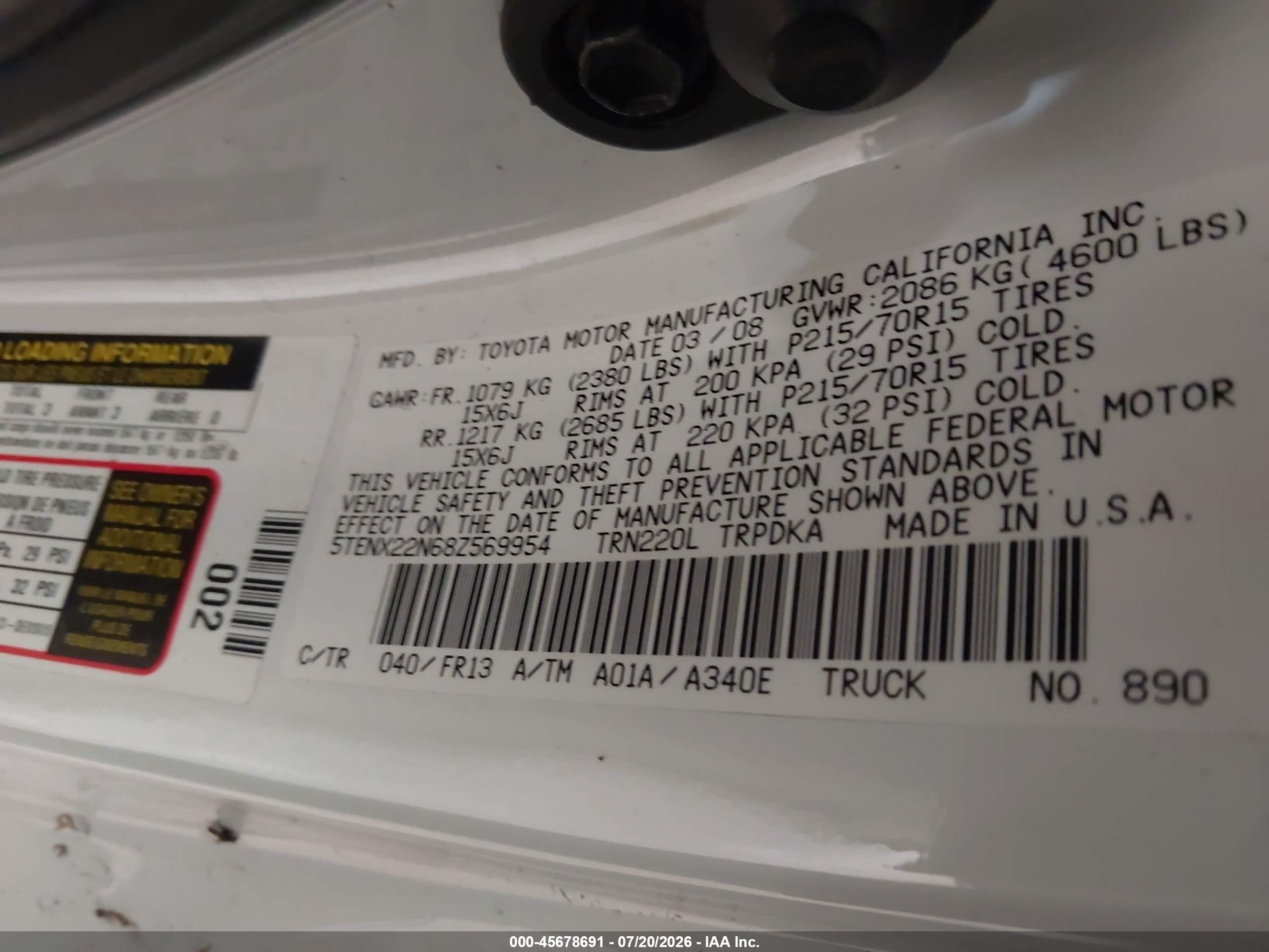 2008 Toyota Tacoma   White vin: 5TENX22N68Z569954