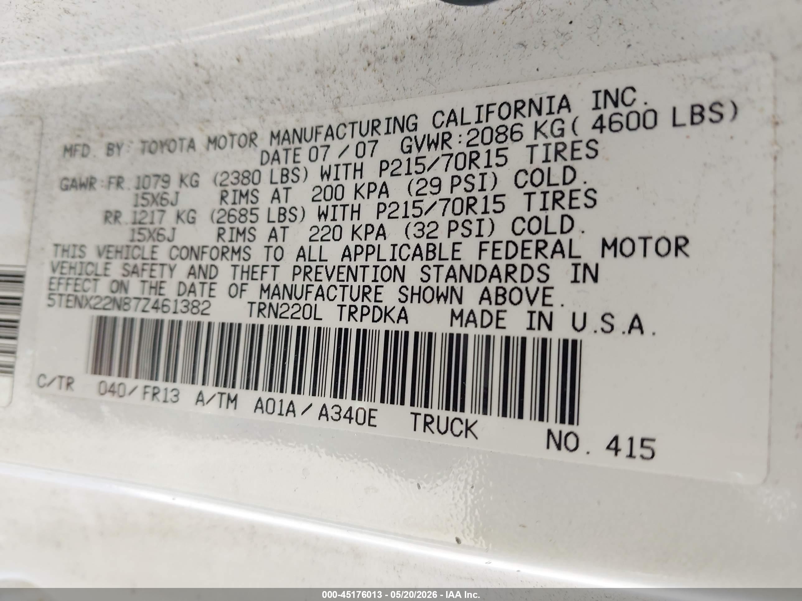 2007 Toyota Tacoma   White vin: 5TENX22N87Z461382