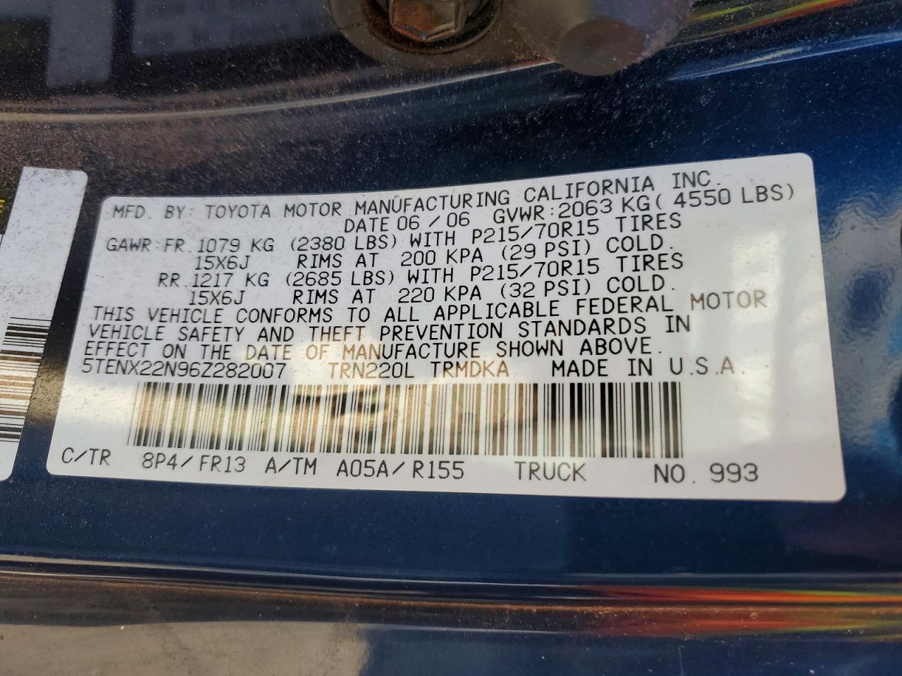 2006 Toyota Tacoma Base Blue vin: 5TENX22N96Z282007