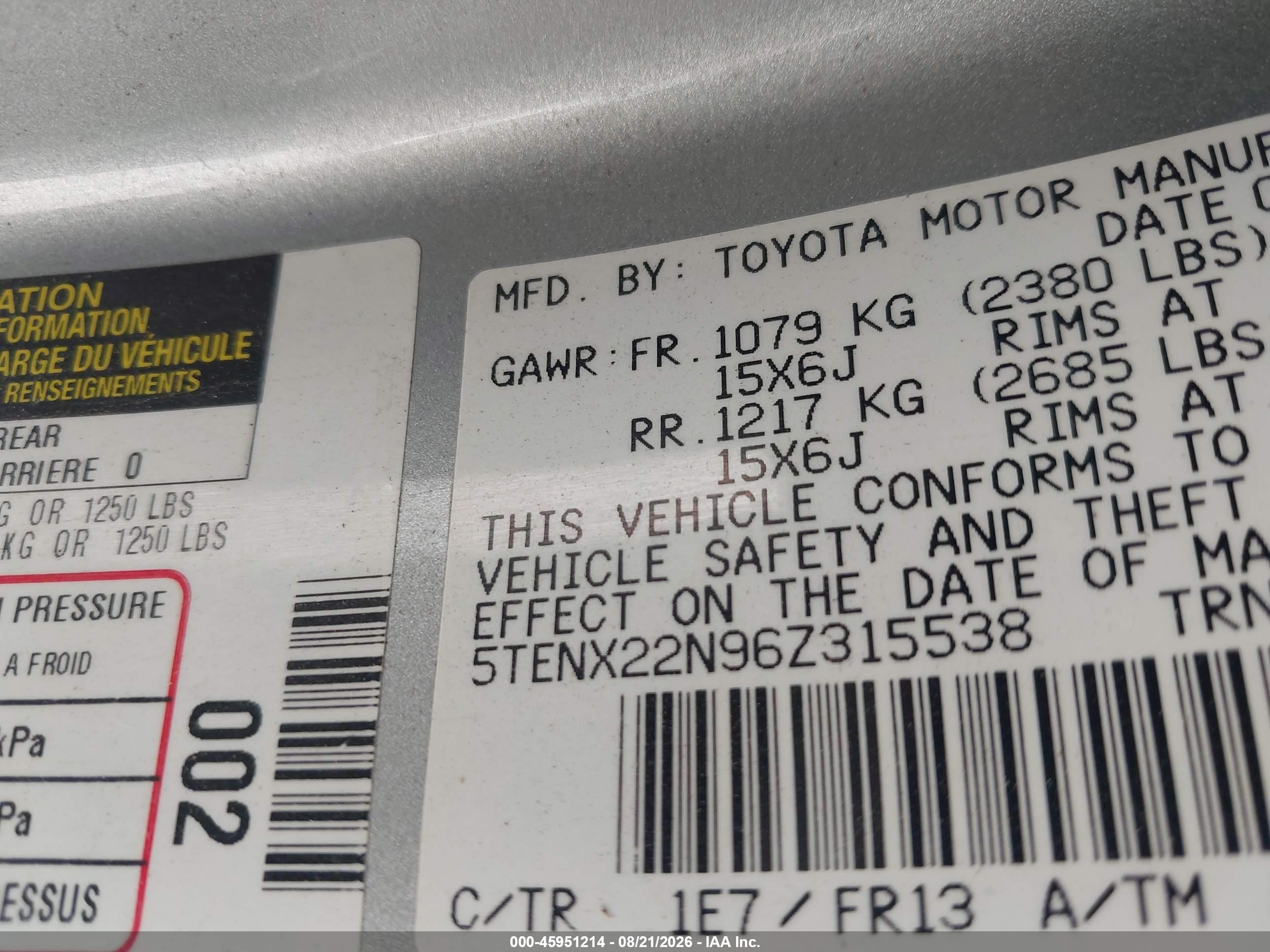 2006 Toyota Tacoma   Gray vin: 5TENX22N96Z315538