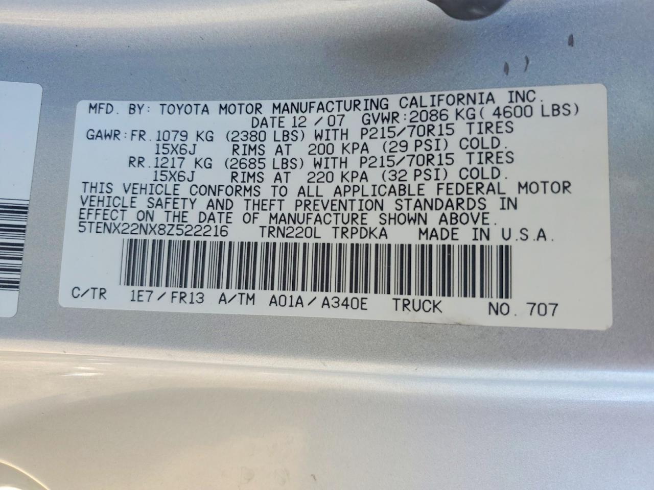 2008 Toyota Tacoma Base Silver vin: 5TENX22NX8Z522216