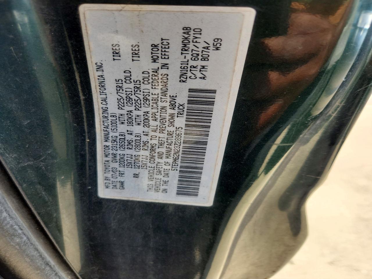 2003 Toyota Tacoma Base Green vin: 5TEPM62N23Z289675