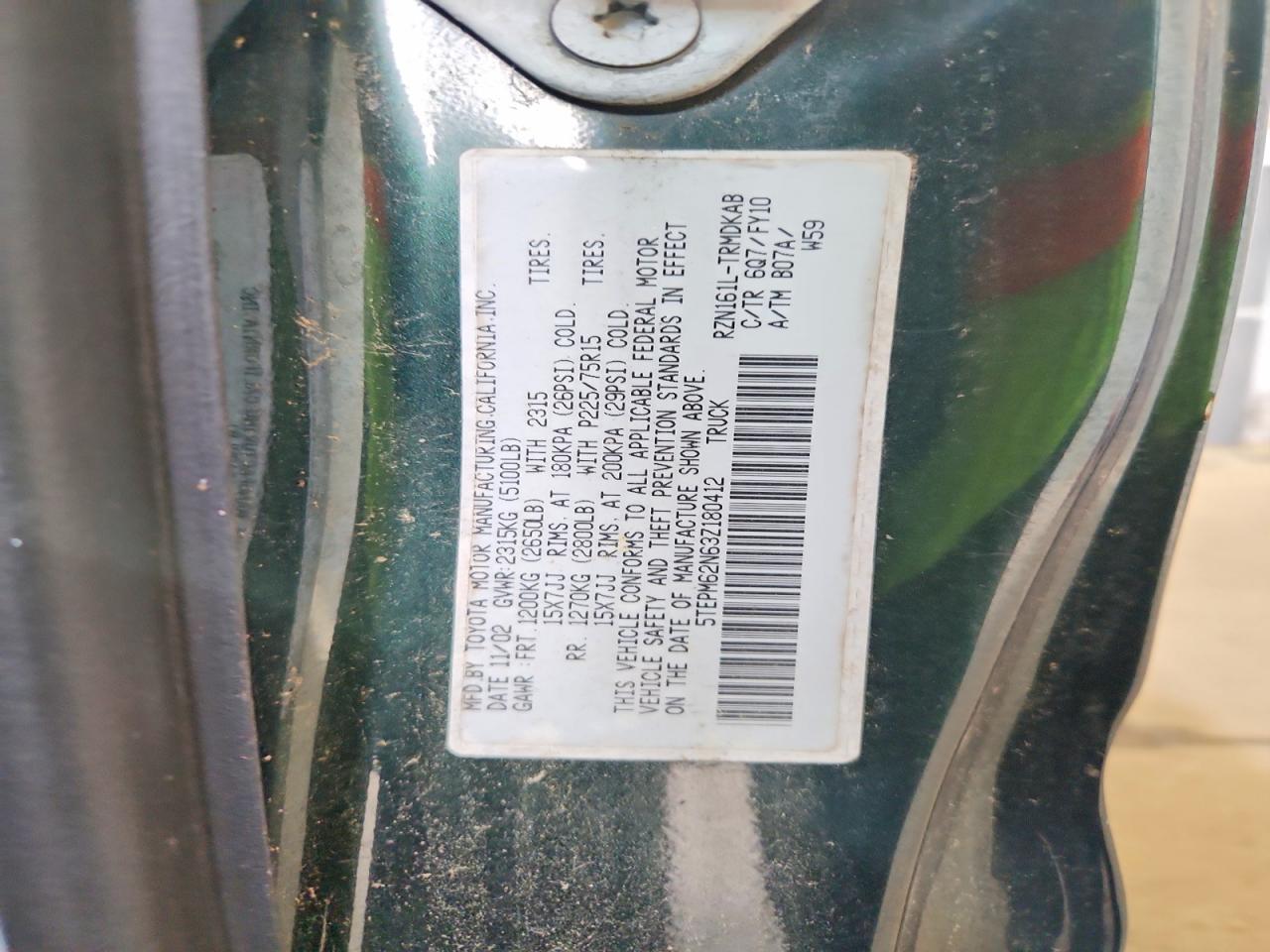 2003 Toyota Tacoma Base Green vin: 5TEPM62N63Z180412