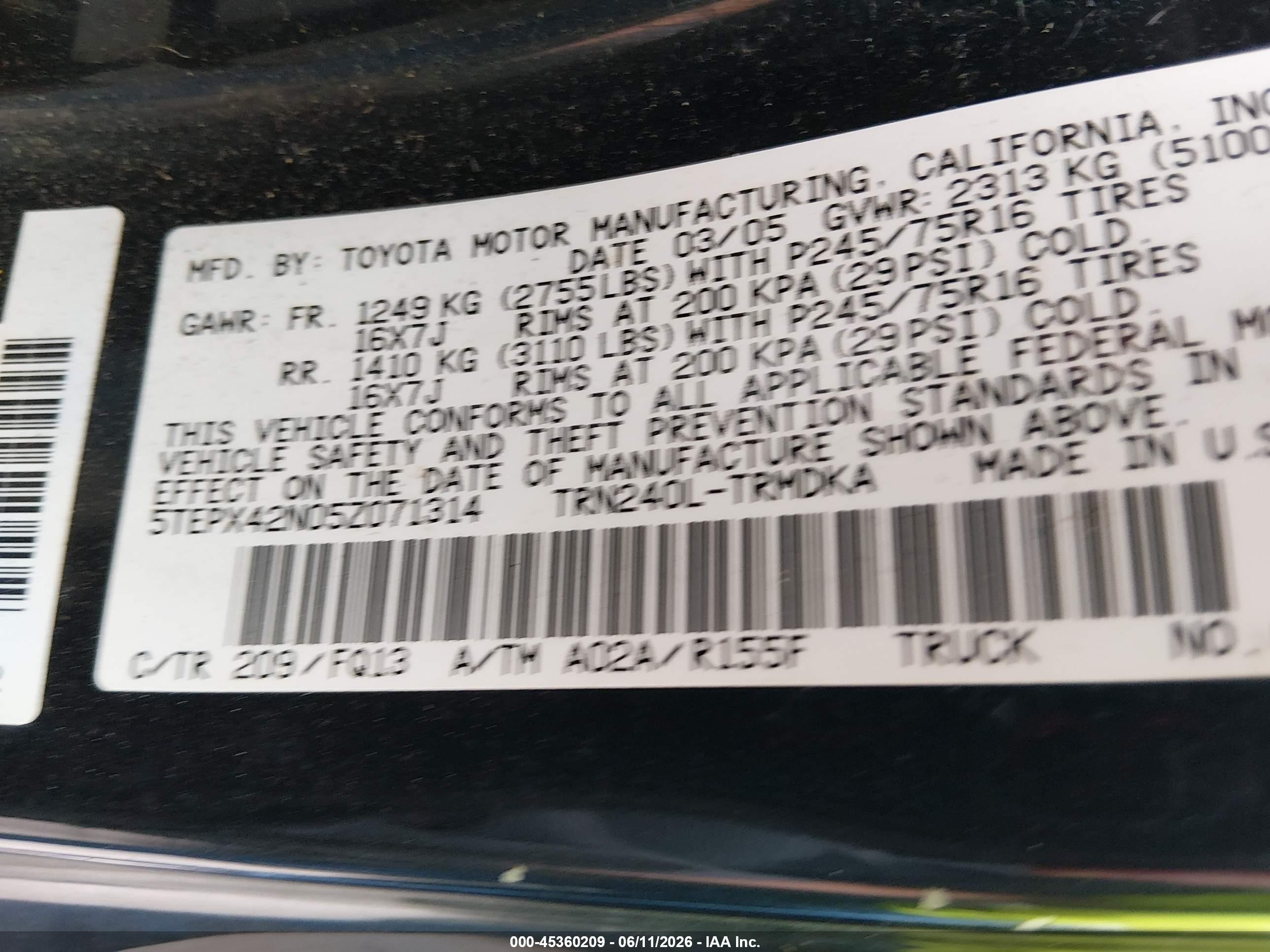 2005 Toyota Tacoma   Black vin: 5TEPX42N05Z071314