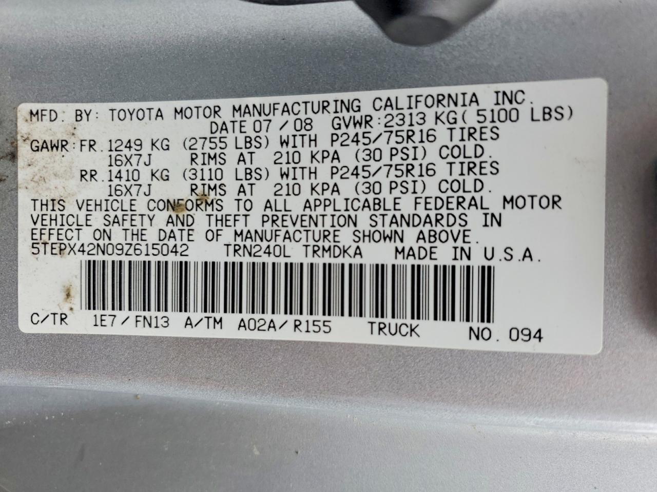 2009 Toyota Tacoma Base Silver vin: 5TEPX42N09Z615042