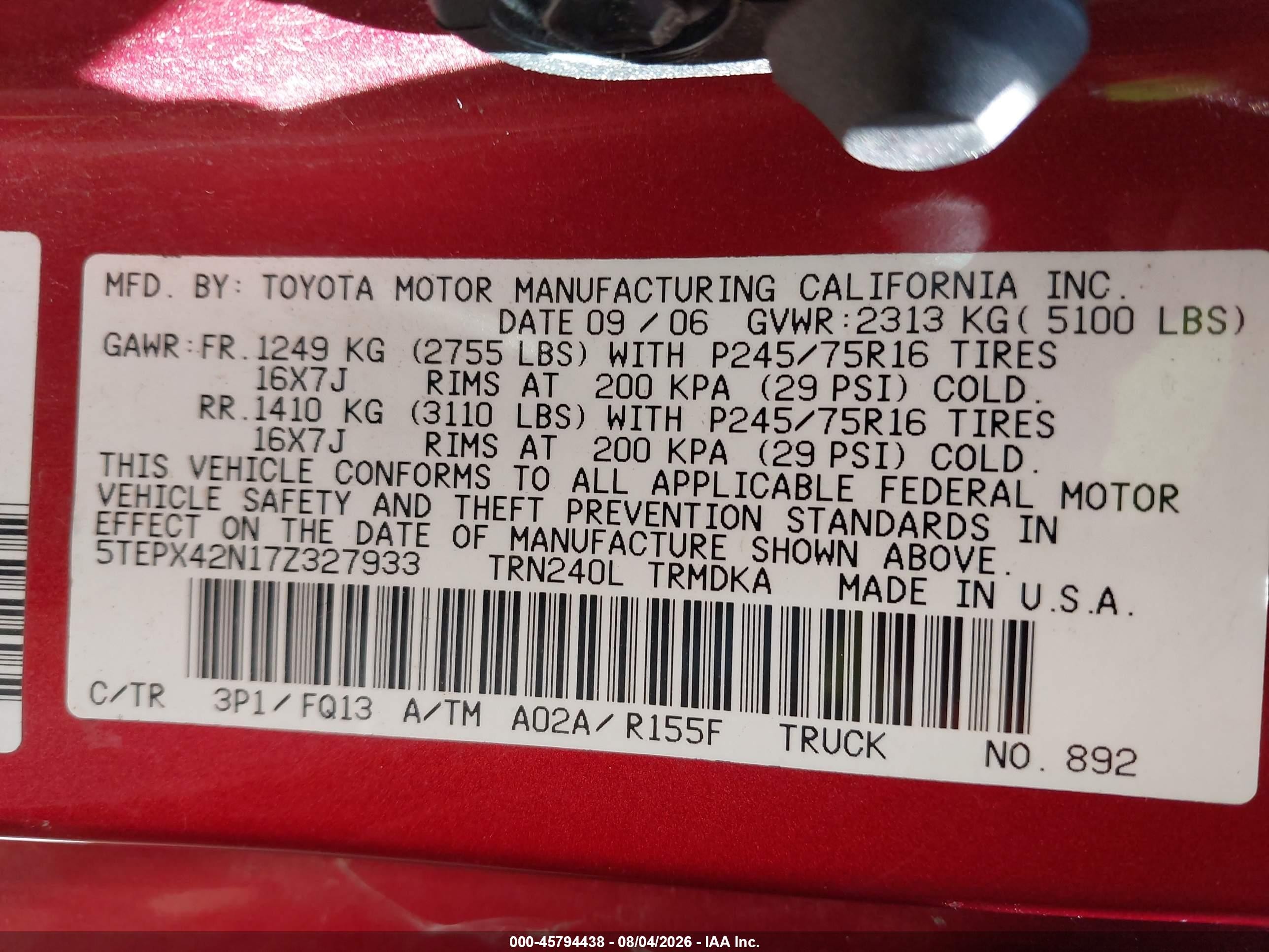 2007 Toyota Tacoma   Красный vin: 5TEPX42N17Z327933