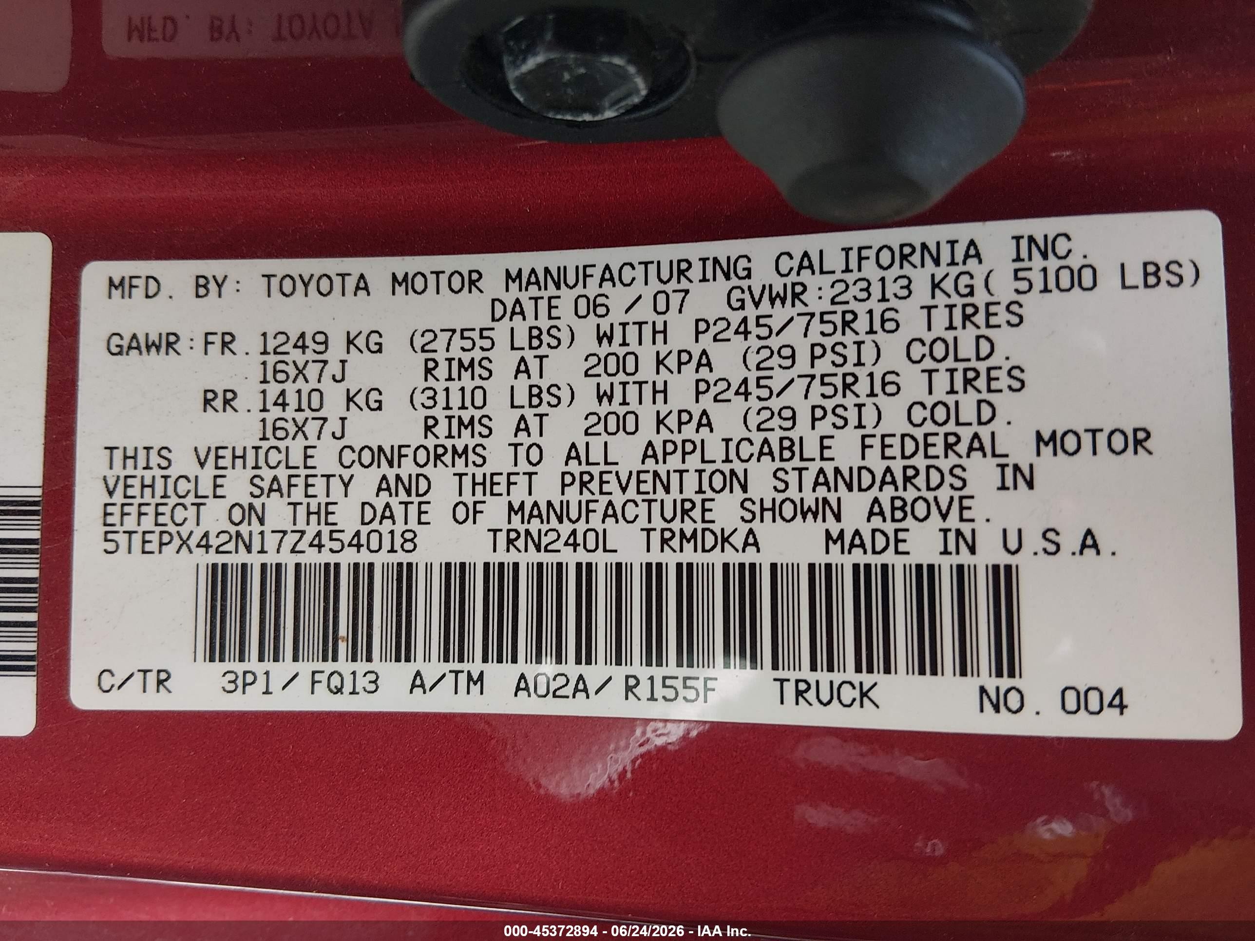 2007 Toyota Tacoma   Red vin: 5TEPX42N17Z454018