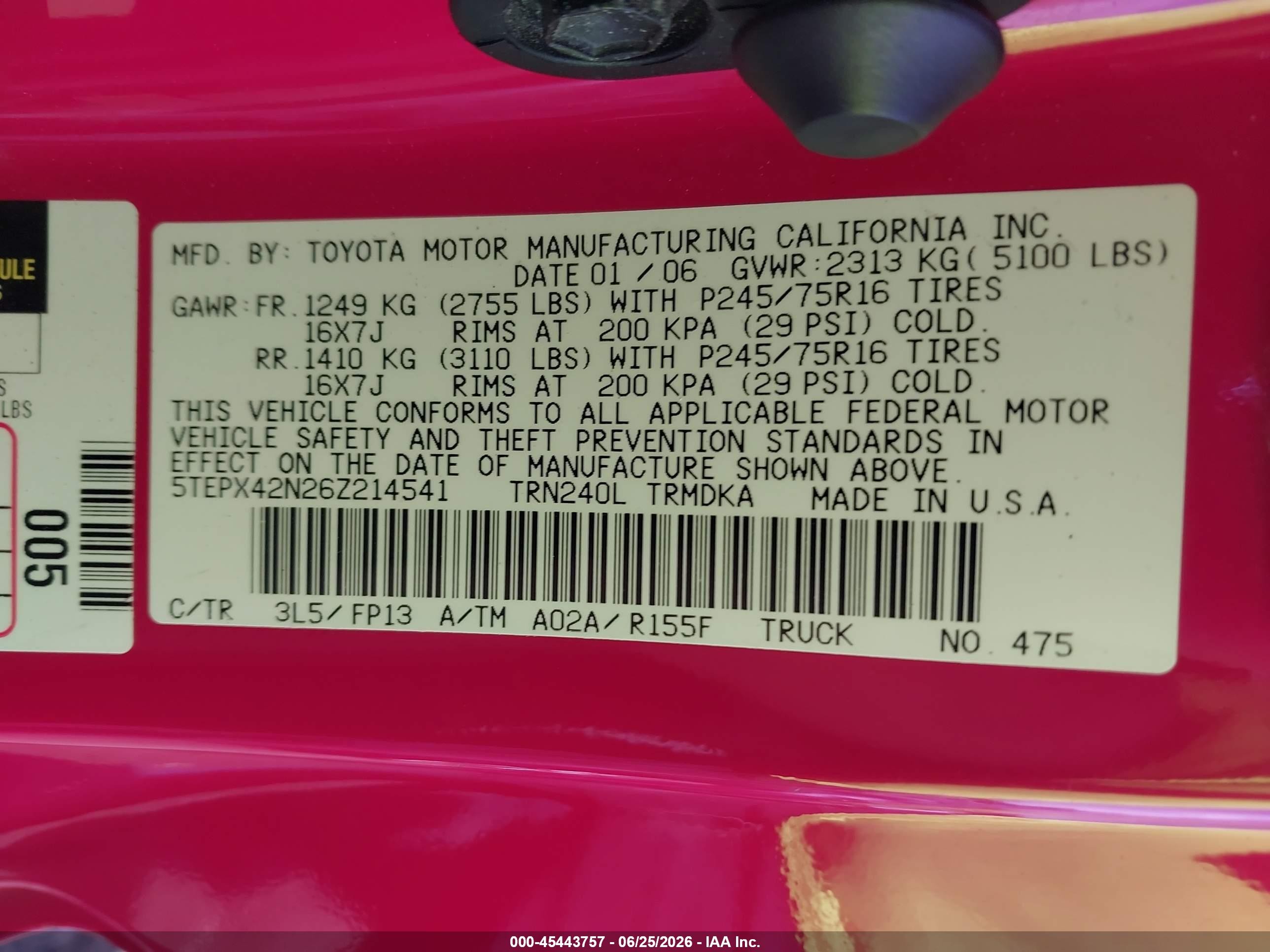 2006 Toyota Tacoma   Red vin: 5TEPX42N26Z214541