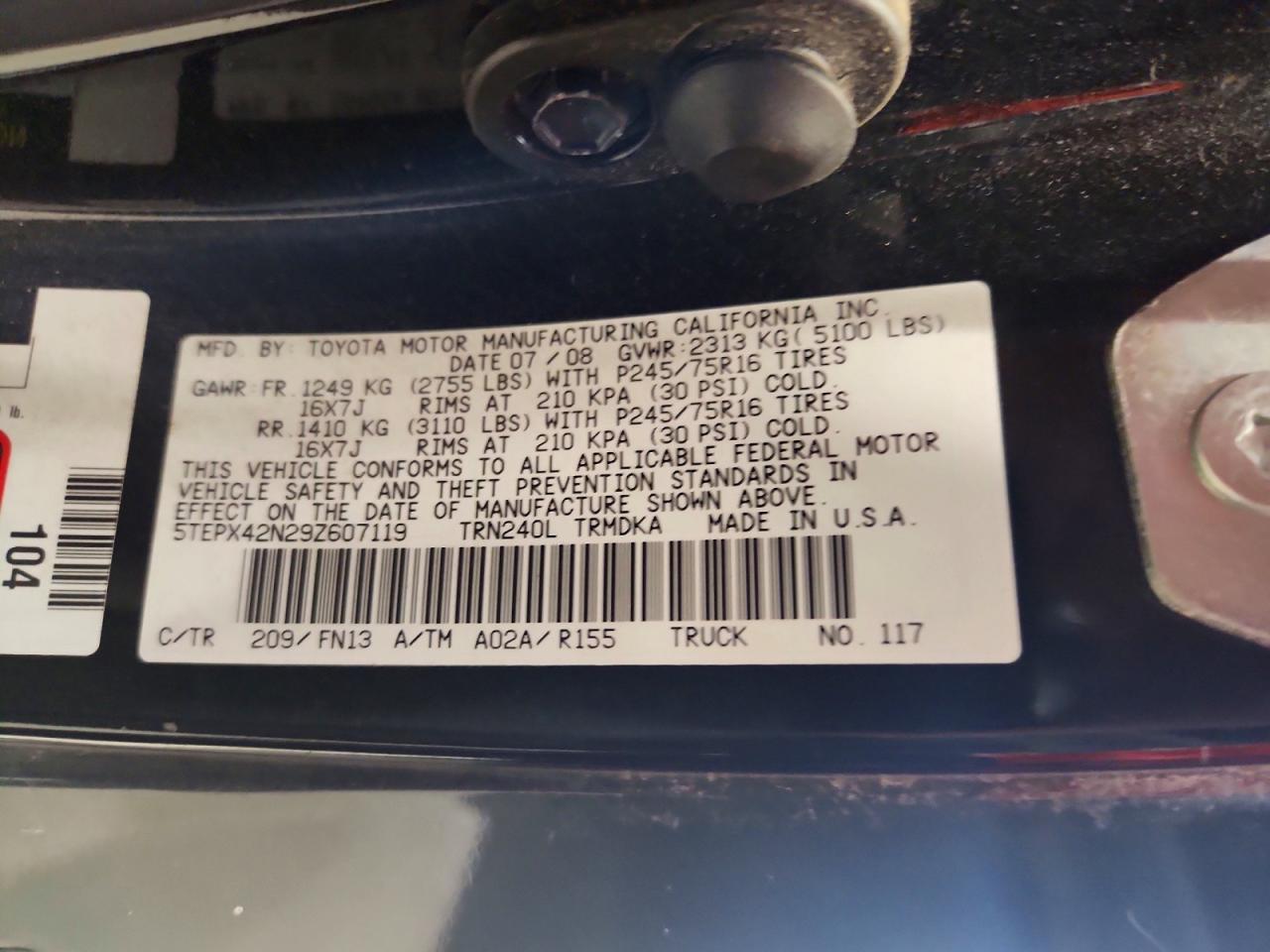 2009 Toyota Tacoma Base Black vin: 5TEPX42N29Z607119
