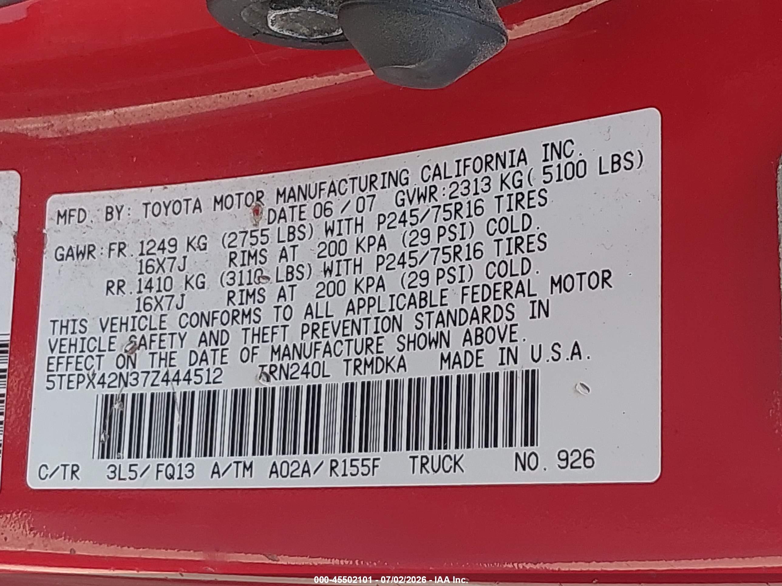 2007 Toyota Tacoma   Red vin: 5TEPX42N37Z444512