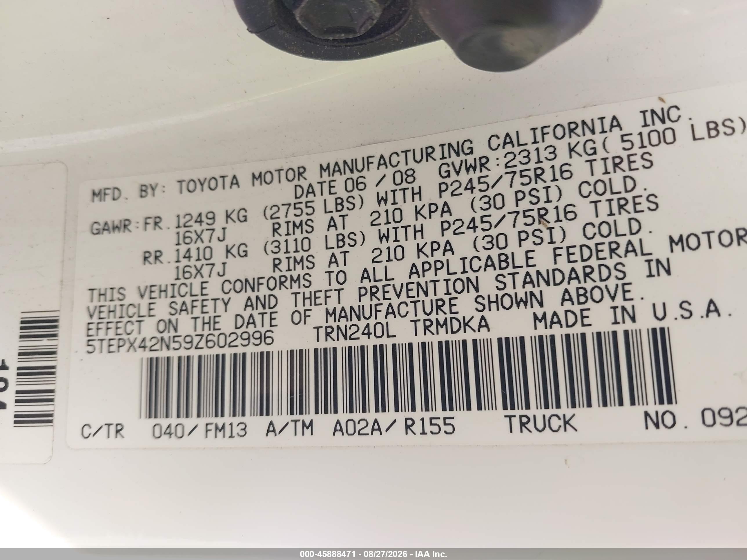 2009 Toyota Tacoma   White vin: 5TEPX42N59Z602996