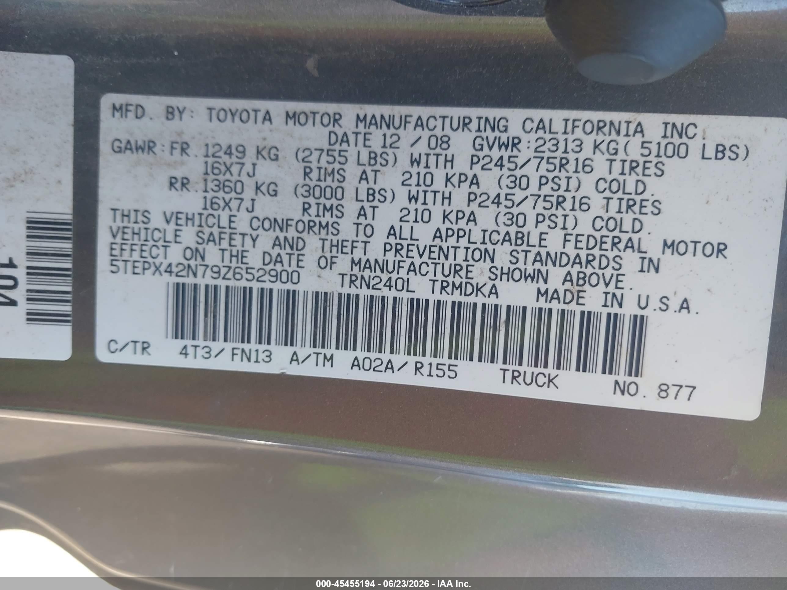 2009 Toyota Tacoma   Pewter vin: 5TEPX42N79Z652900