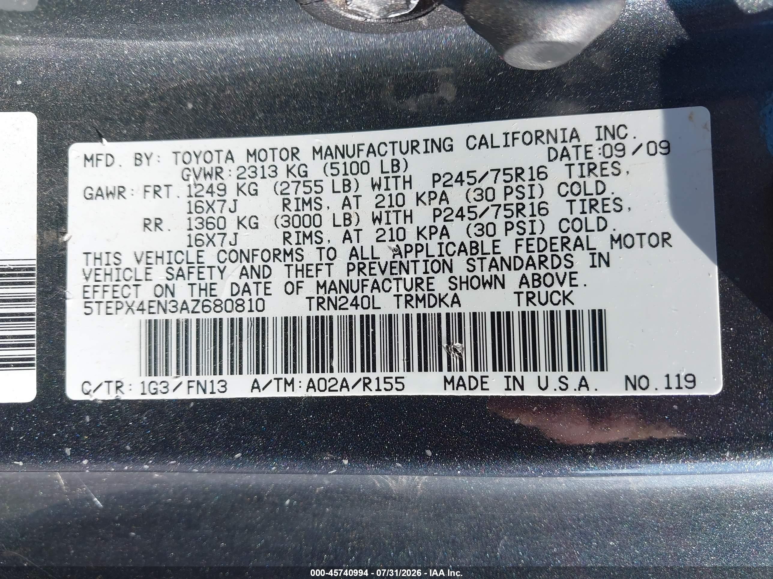 2010 Toyota Tacoma   Gray vin: 5TEPX4EN3AZ680810