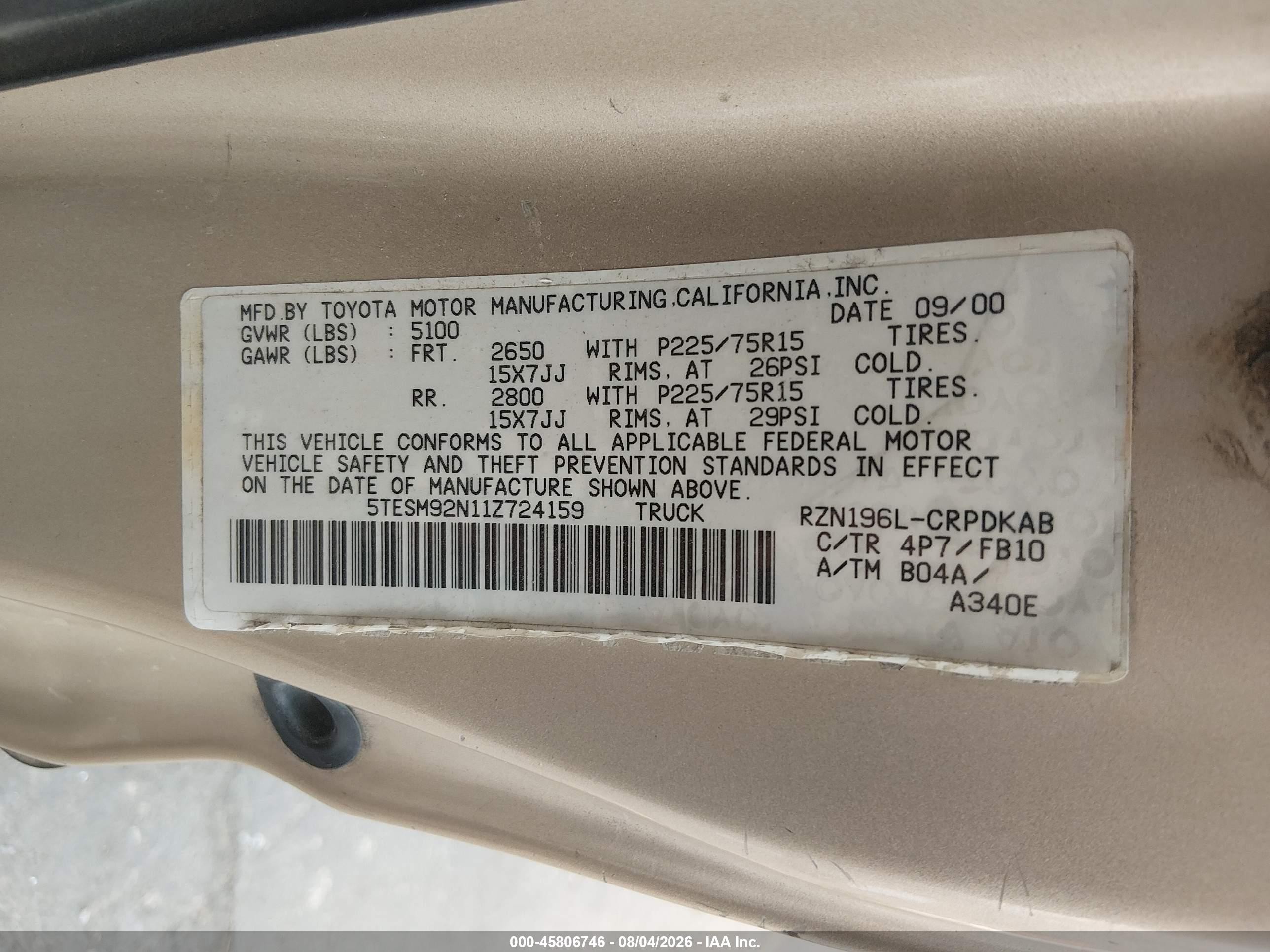 2001 Toyota Tacoma Prerunner Gold vin: 5TESM92N11Z724159