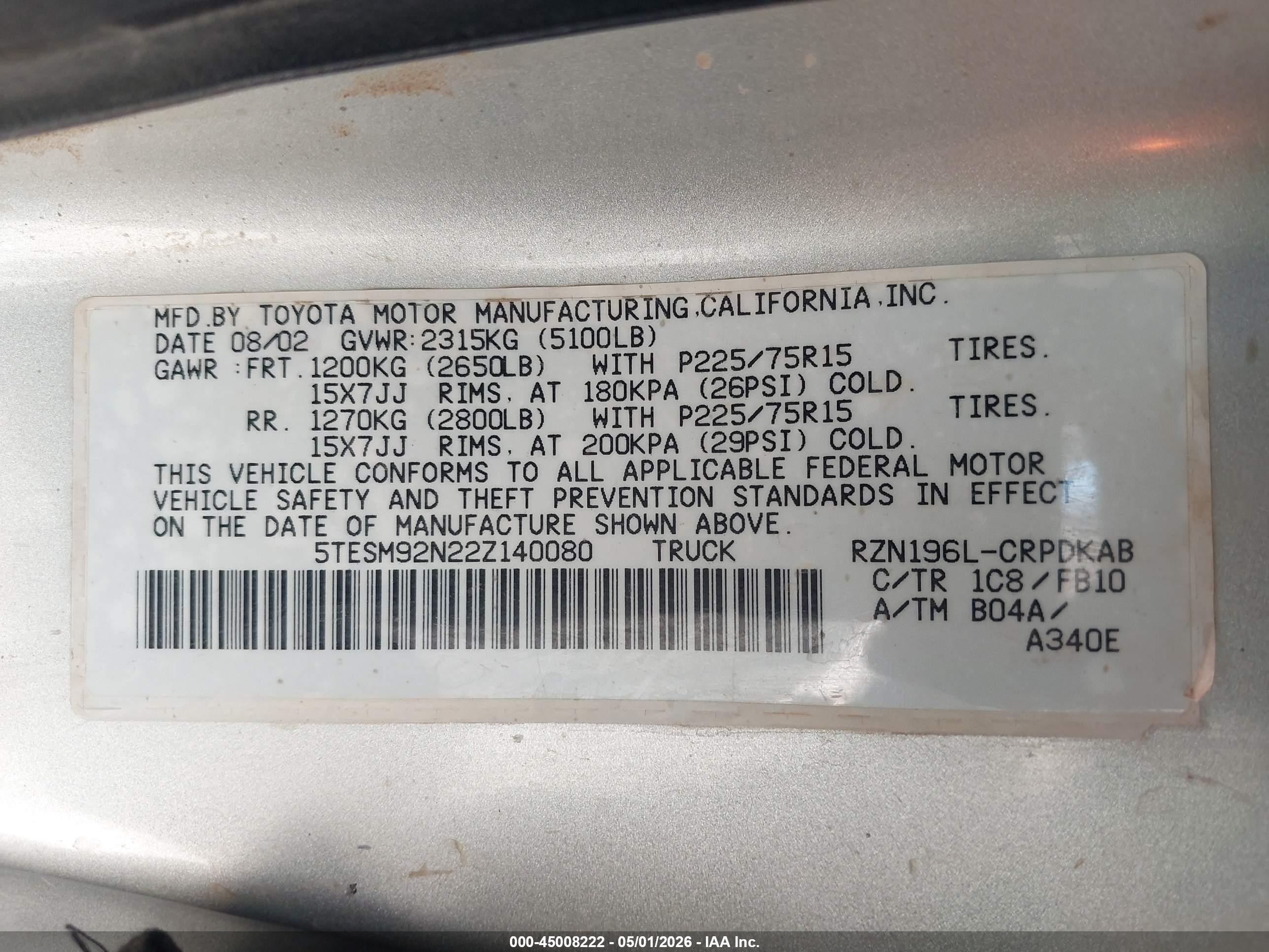 2002 Toyota Tacoma Prerunner Silver vin: 5TESM92N22Z140080