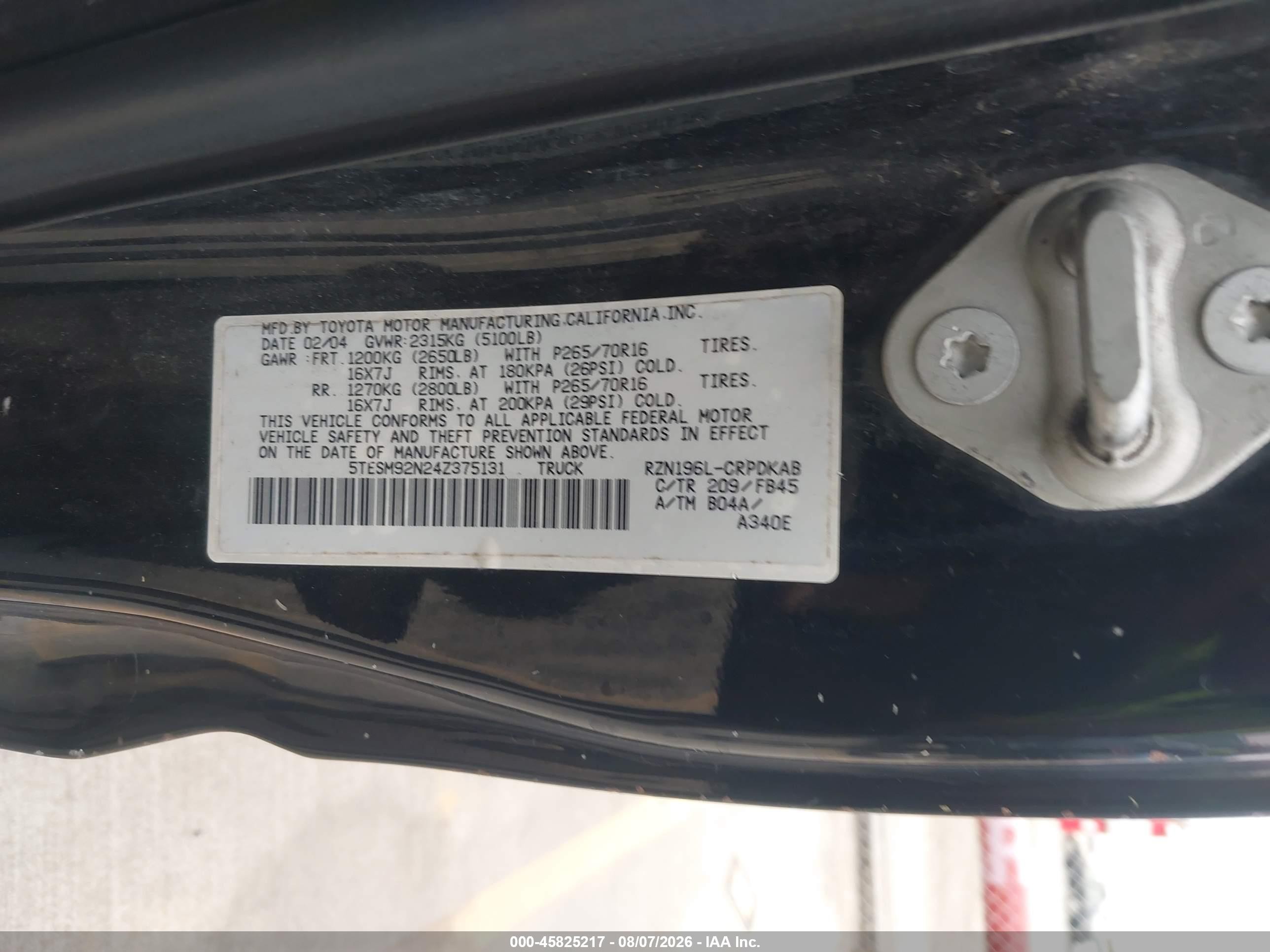 2004 Toyota Tacoma Prerunner Black vin: 5TESM92N24Z375131