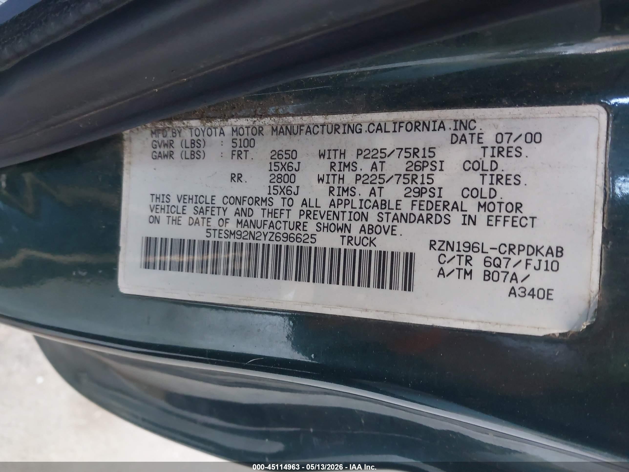 2000 Toyota Tacoma Prerunner Green vin: 5TESM92N2YZ696625