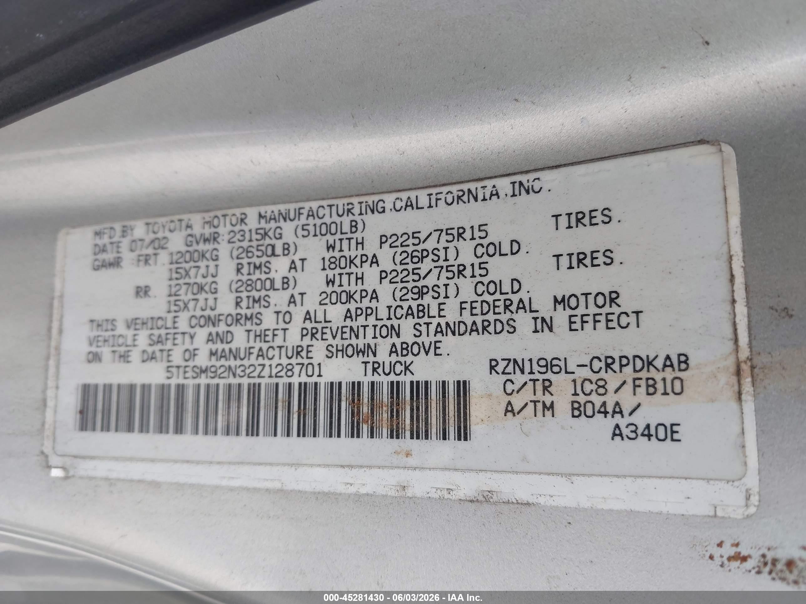 2002 Toyota Tacoma Prerunner Silver vin: 5TESM92N32Z128701