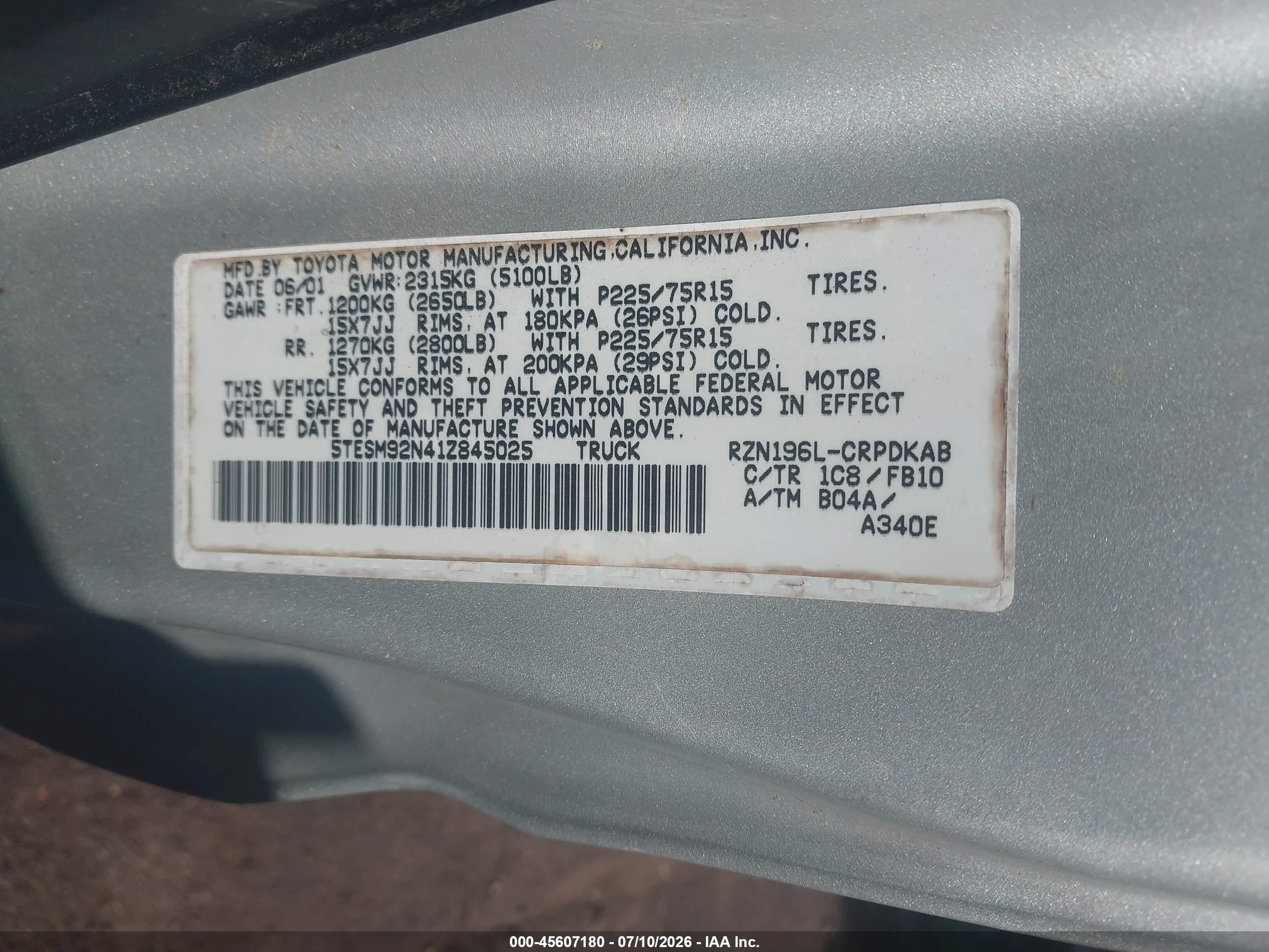 2001 Toyota Tacoma Prerunner Silver vin: 5TESM92N41Z845025